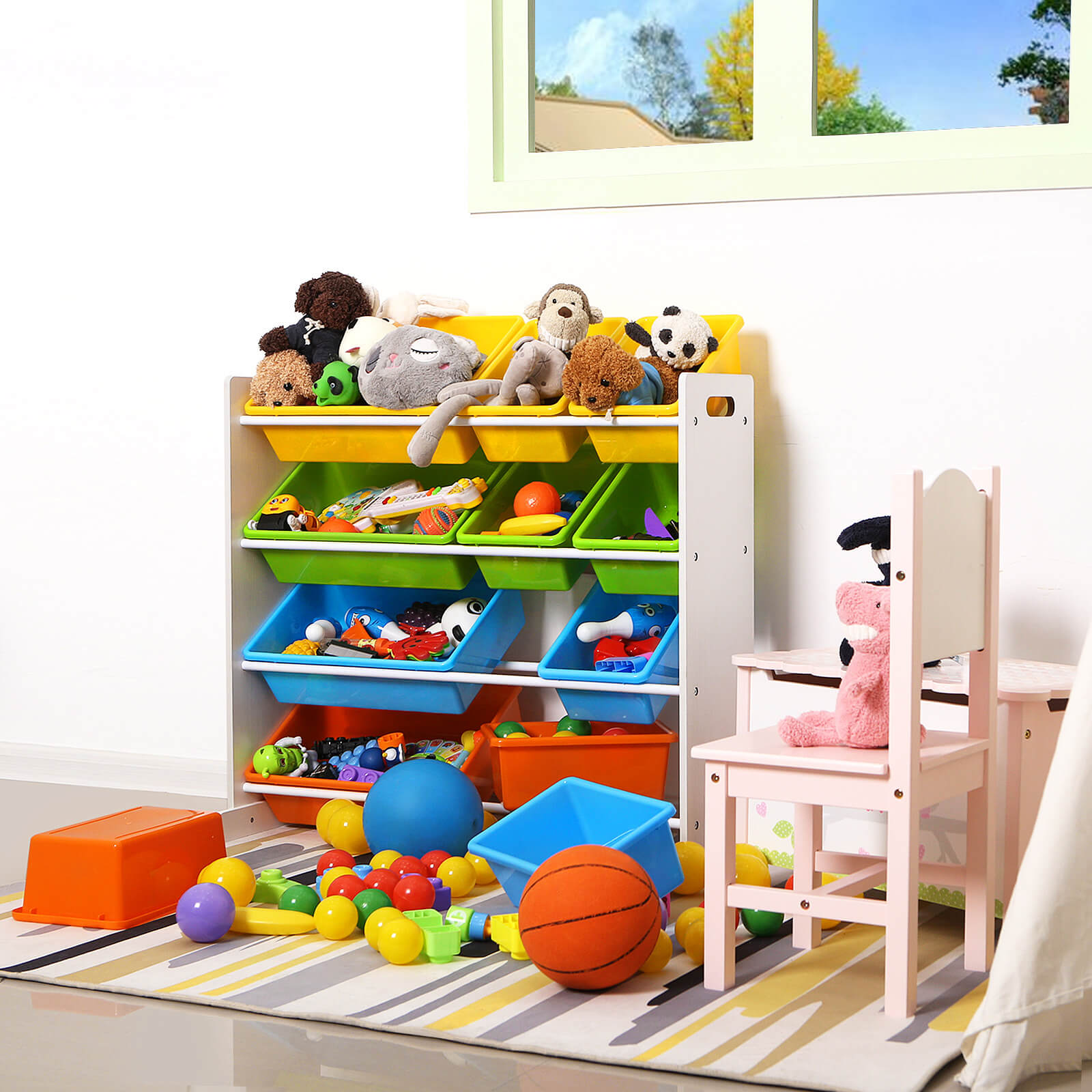 Toy Storage Unit - Includes 4 Removable PP Containers - White - Density Board