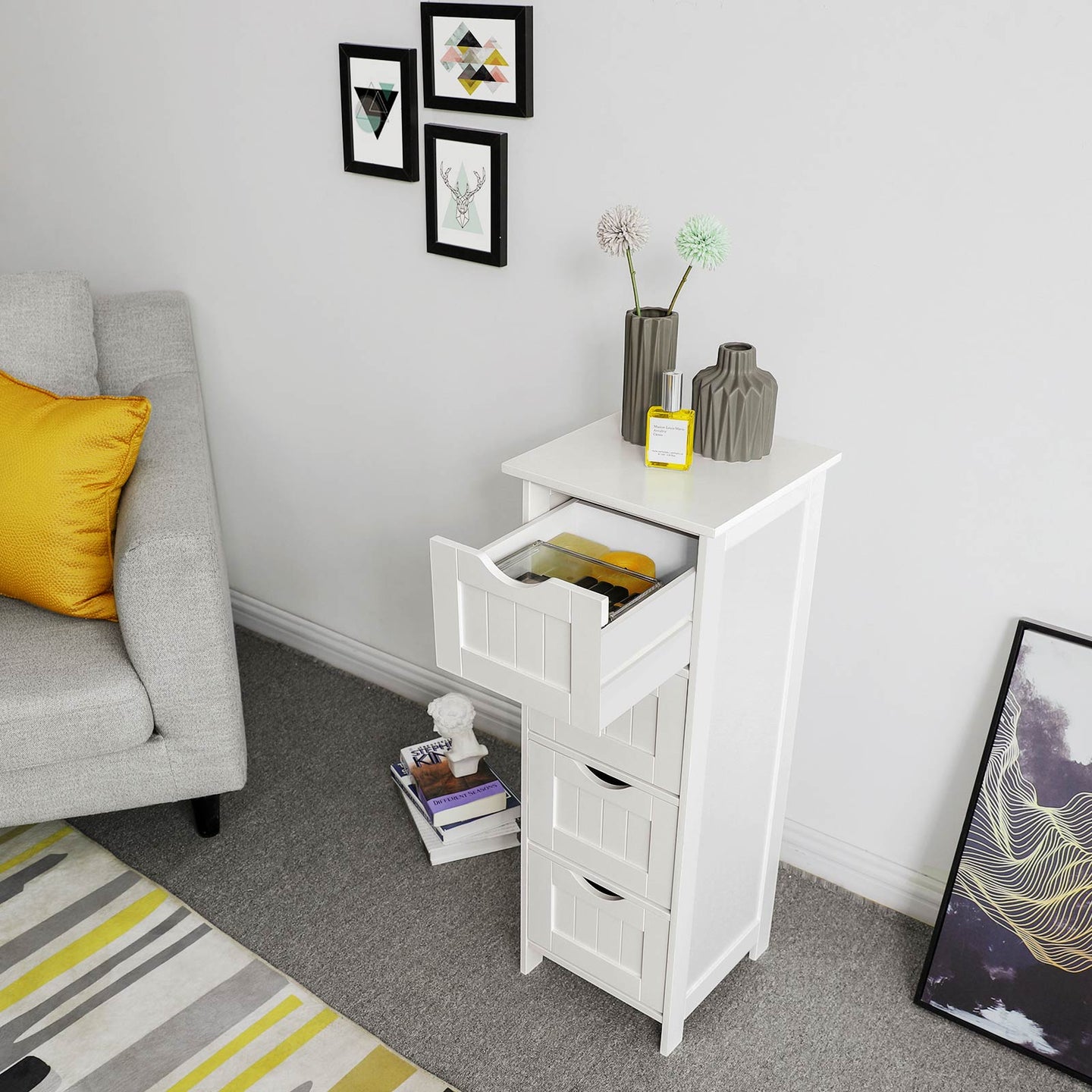Storage Cabinet - Engineered Wood - Grey - Freestanding with 4 Drawers