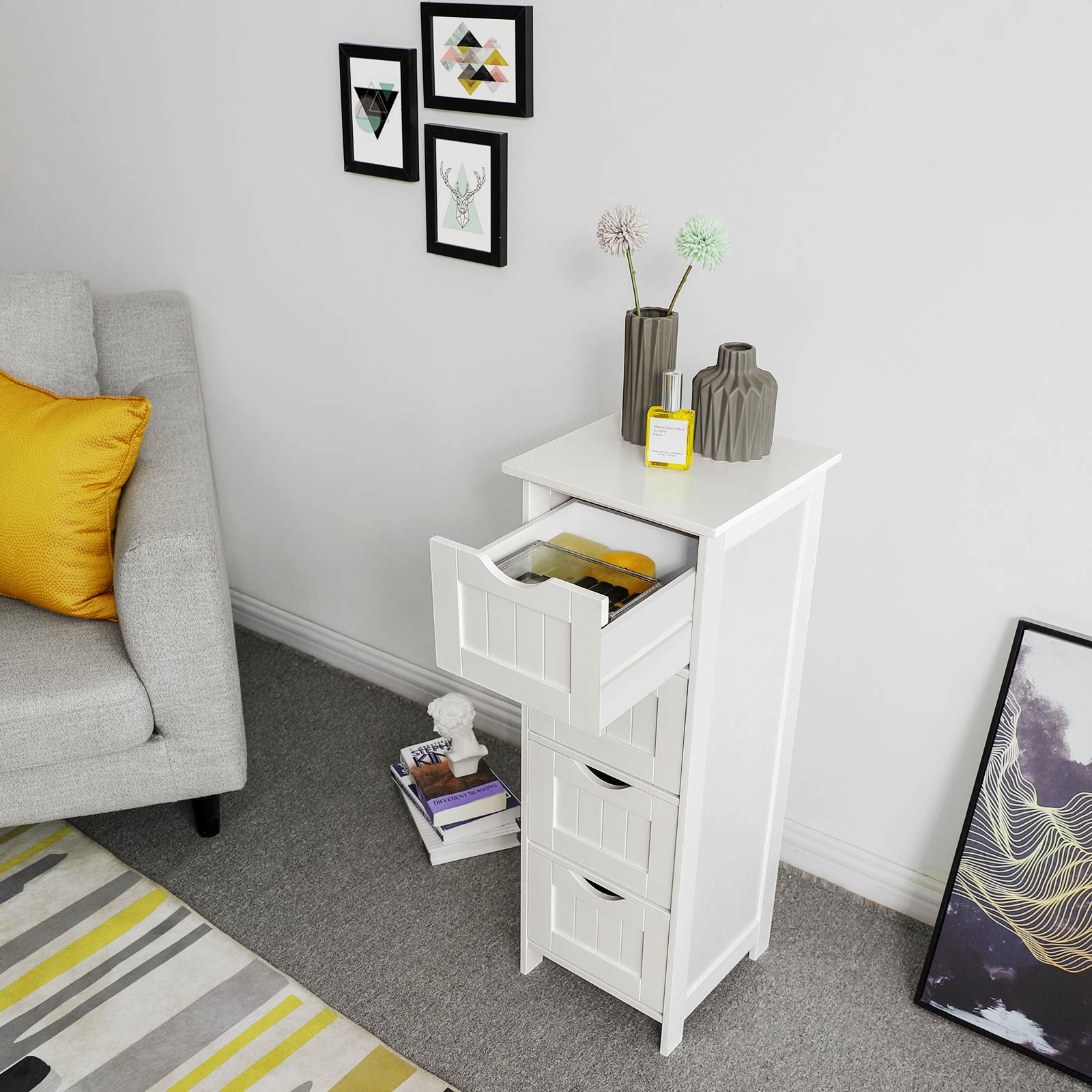 Storage Cabinet - Engineered Wood - Grey - Freestanding with 4 Drawers