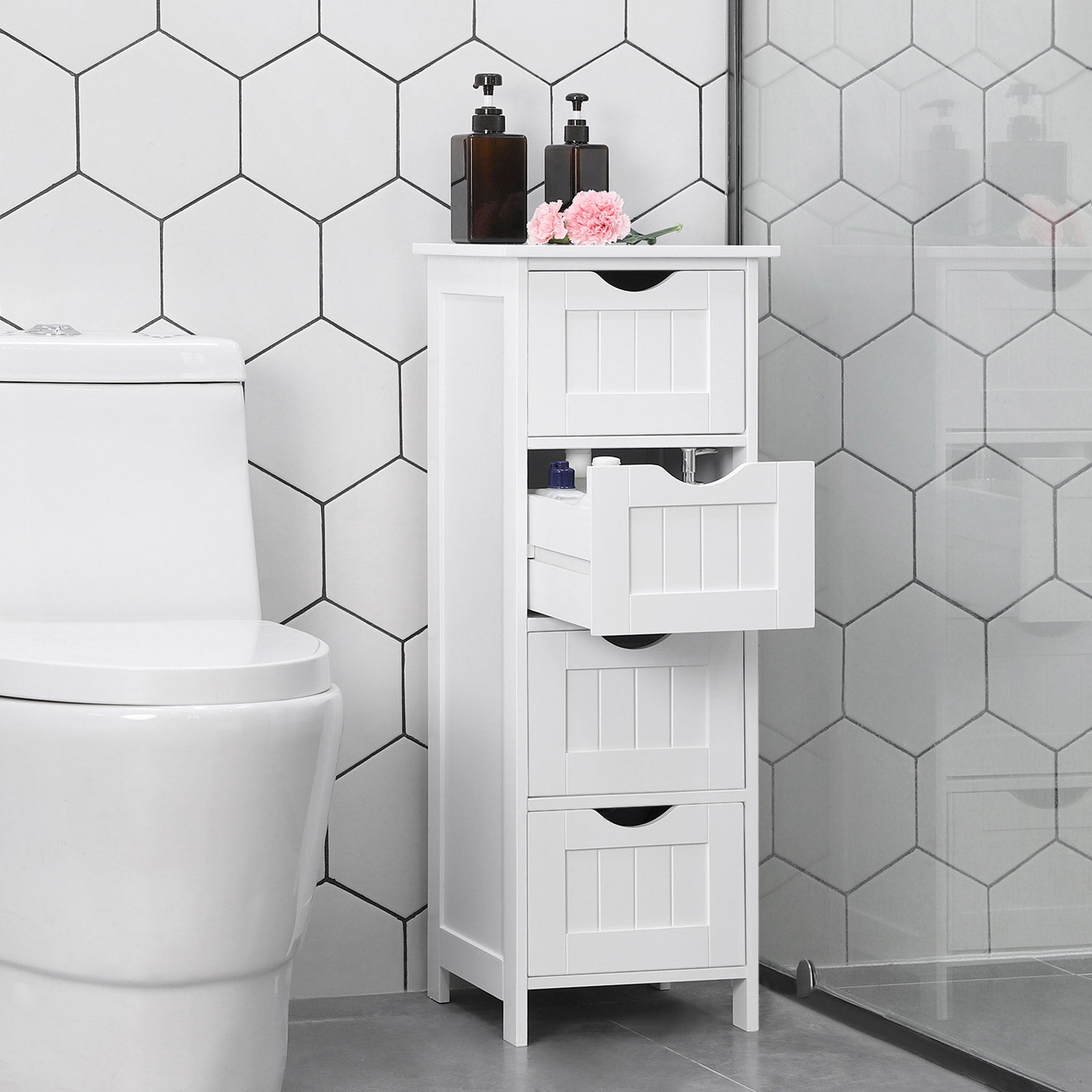 Storage Cabinet - Engineered Wood - Grey - Freestanding with 4 Drawers