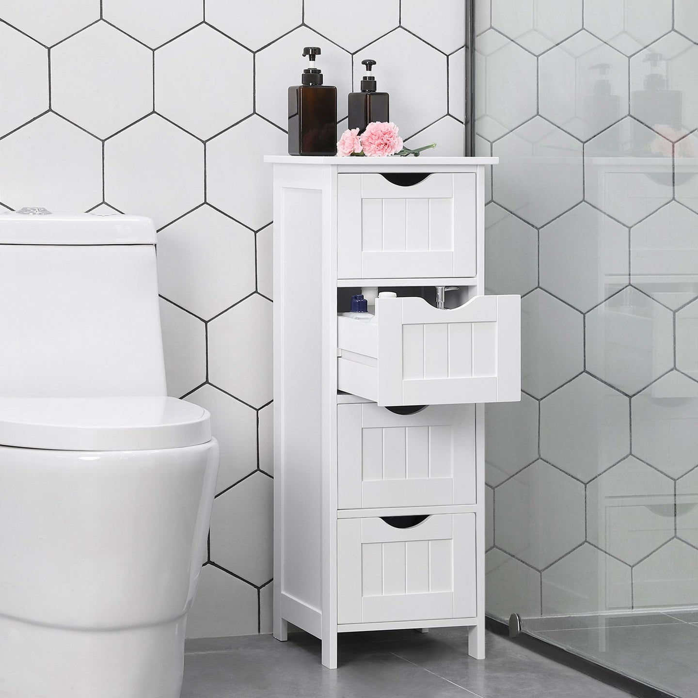 Storage Cabinet - Engineered Wood - Grey - Freestanding with 4 Drawers