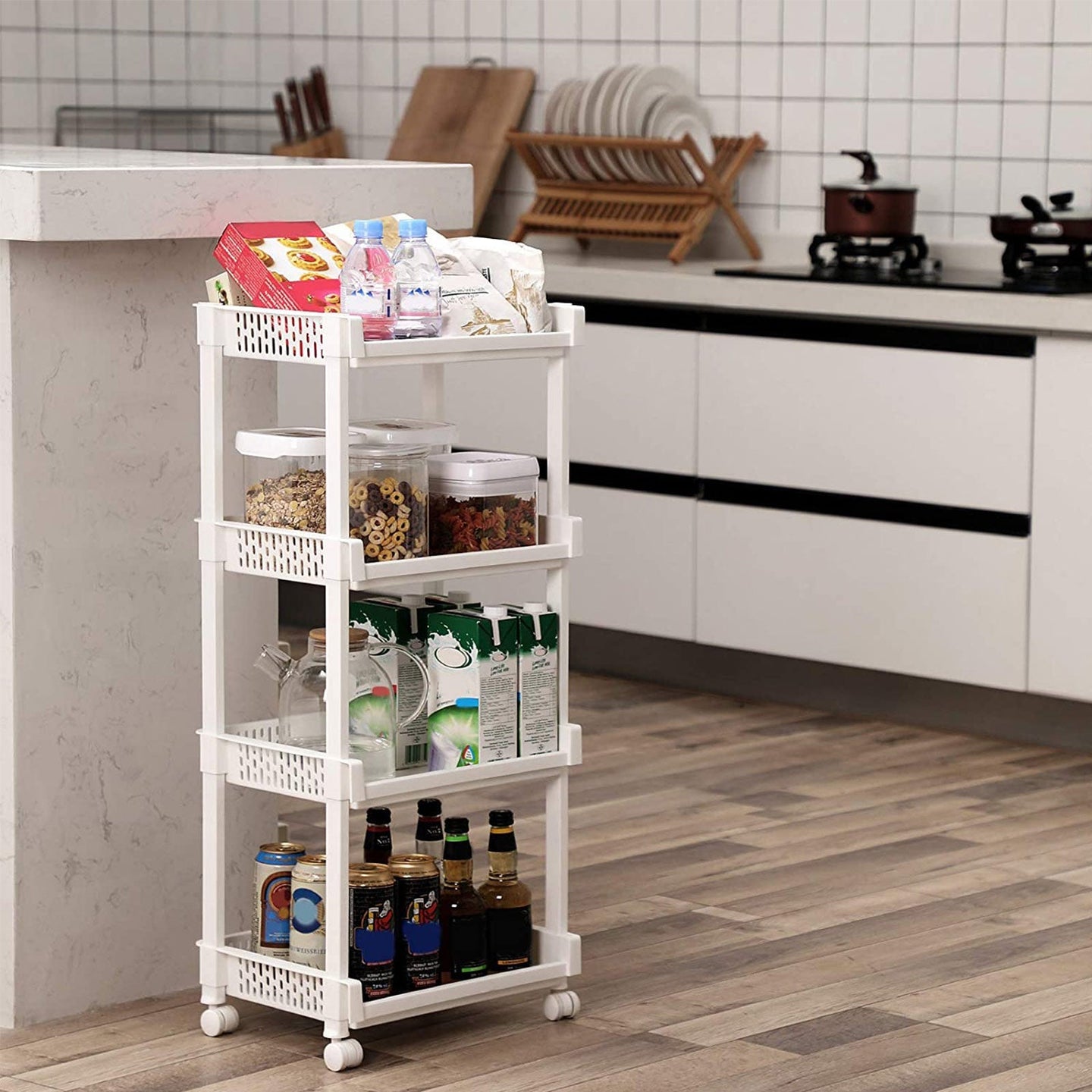 Rolling Kitchen Trolley - Wood - White - 4 Shelves