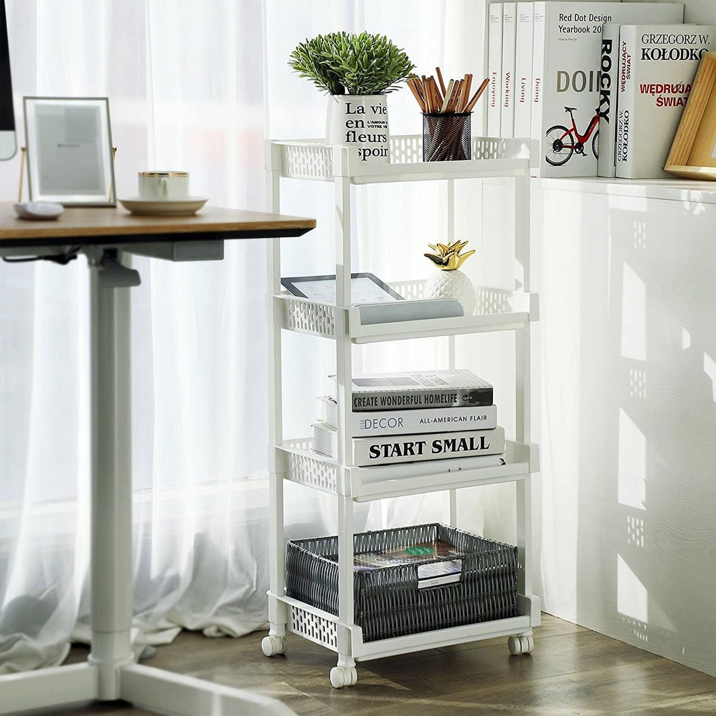 Rolling Kitchen Trolley - Wood - White - 4 Shelves