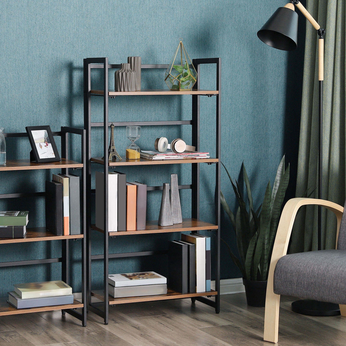 4-Tier Bookshelf - Metal Frame - Rustic Brown - Multifunctional Folding Design