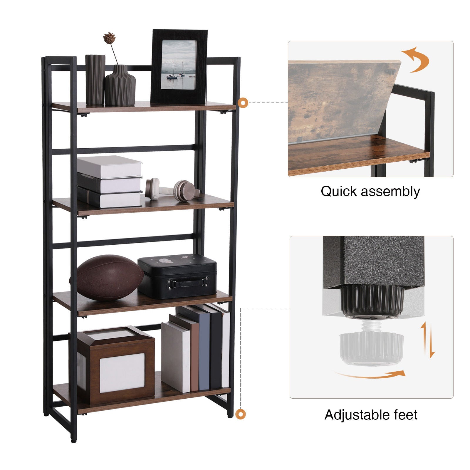 4-Tier Bookshelf - Metal Frame - Rustic Brown - Multifunctional Folding Design