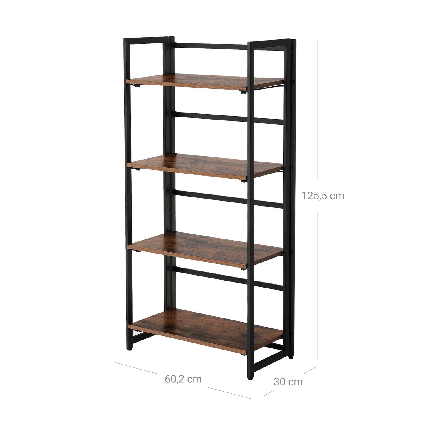 4-Tier Bookshelf - Metal Frame - Rustic Brown - Multifunctional Folding Design