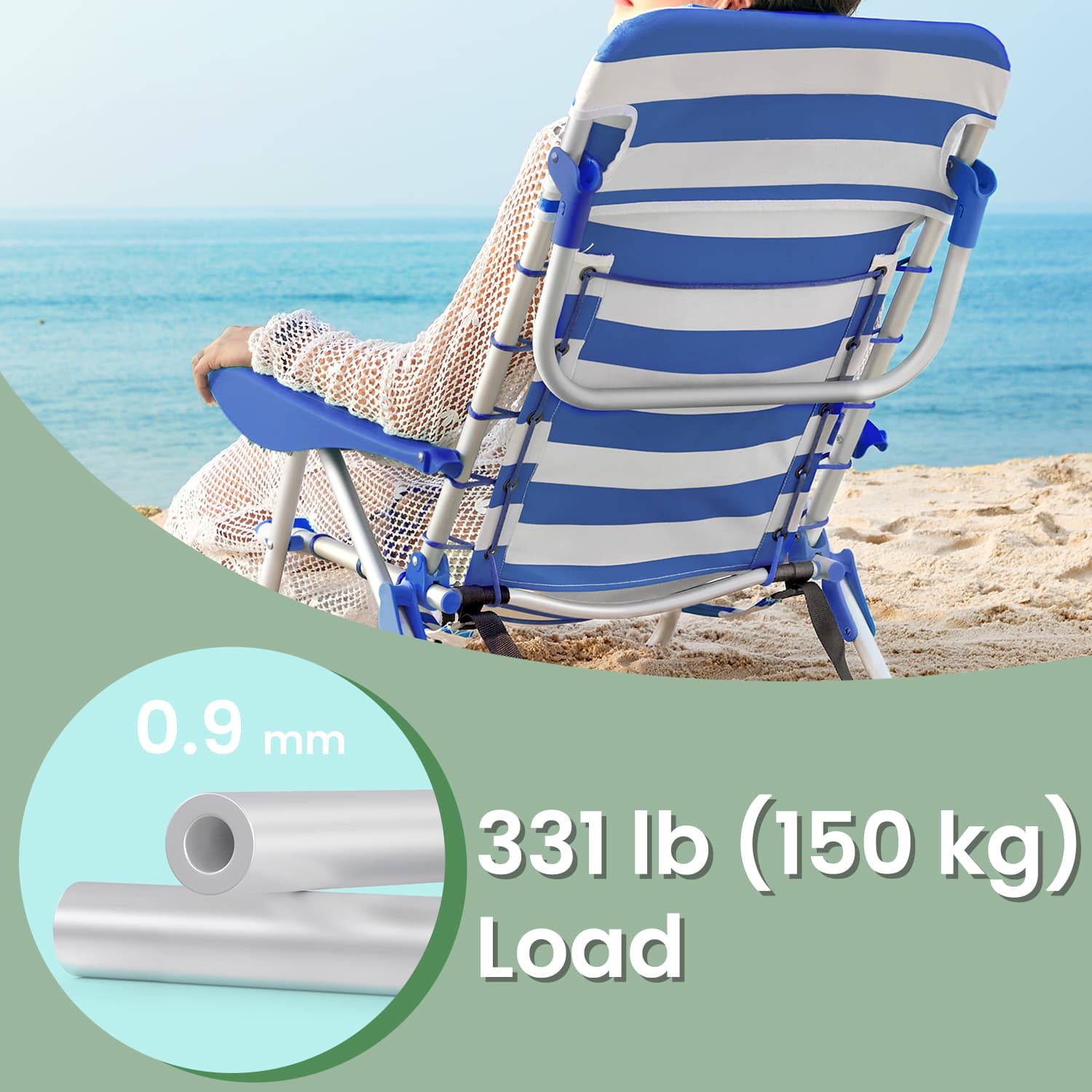 Folding Camping Chair - Fabric - Green and White - Adjustable Backrest with Headrest and Side Pockets