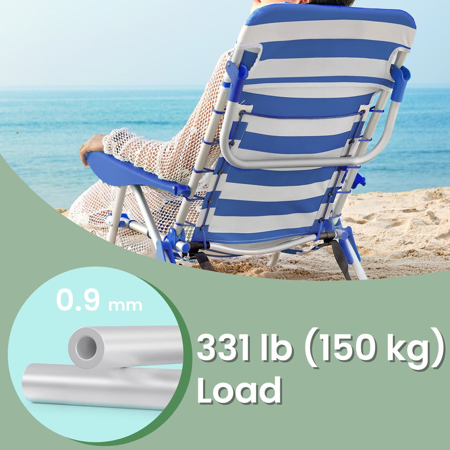Folding Camping Chair - Fabric - Green and White - Adjustable Backrest with Headrest and Side Pockets