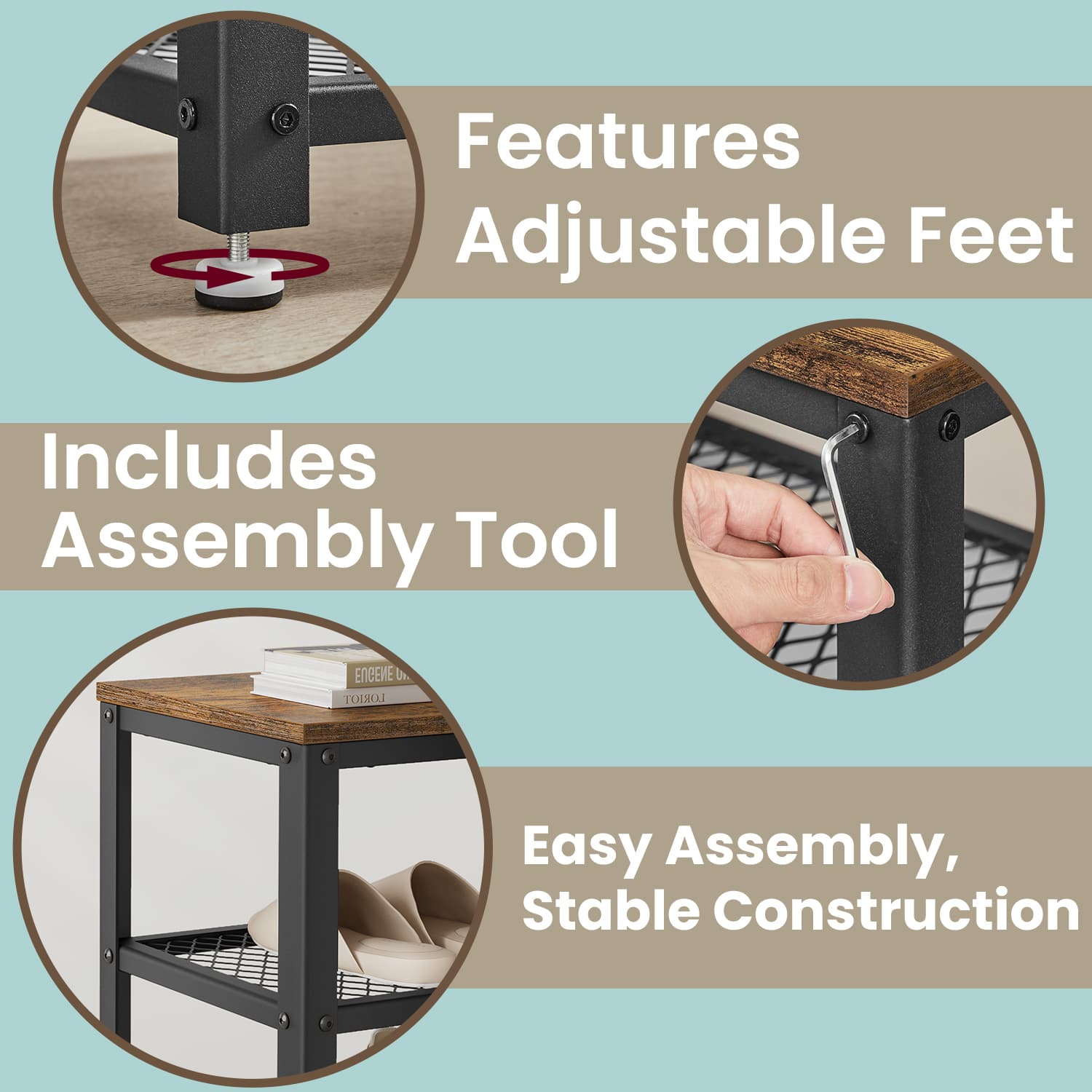 Shoe Bench - Steel - Rustic Brown and Black - 2 Shelves for Entryway Organization
