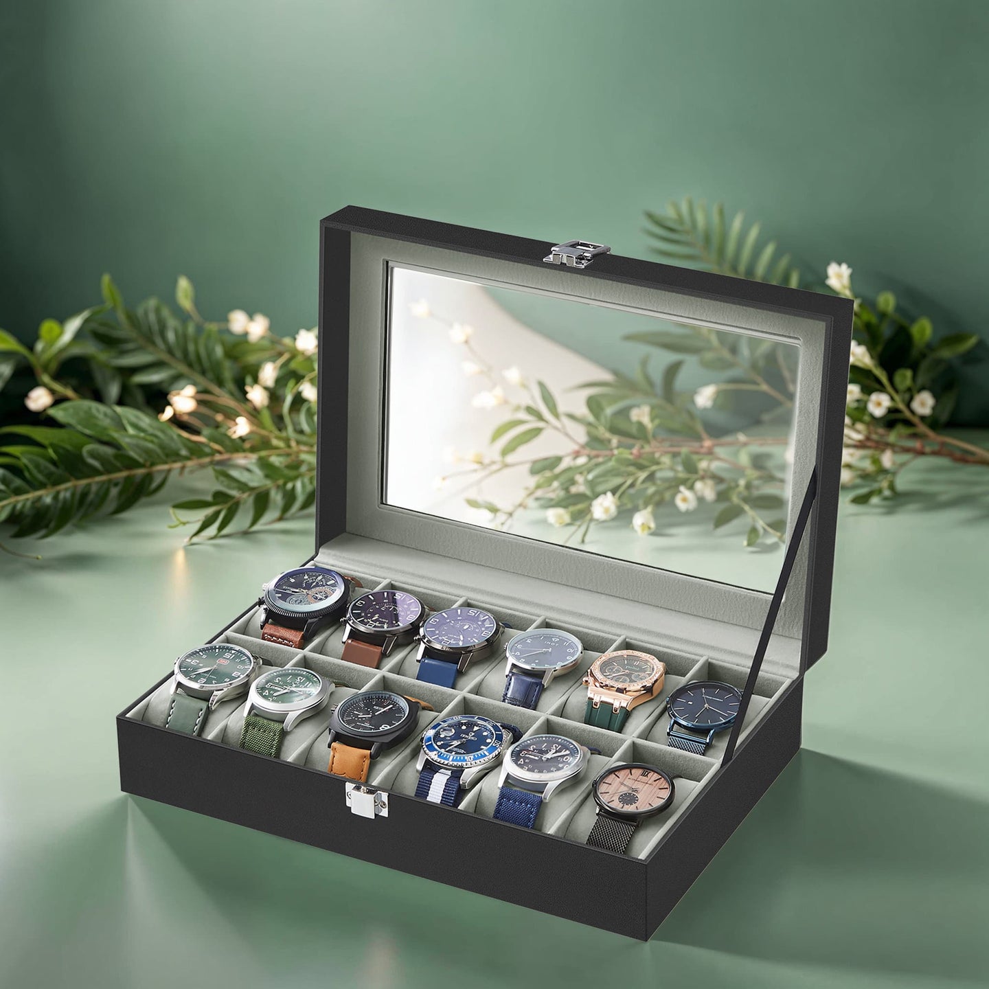 12-Slot Watch Box Organizer - Synthetic Leather - Black with Greenish Grey Lining - Large Glass Lid and Removable Watch Pillows