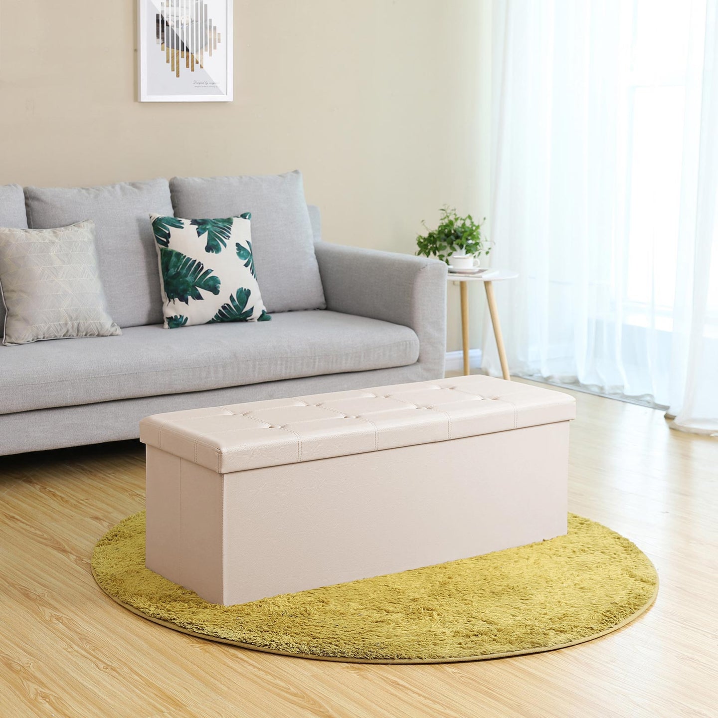 Large Faux Leather Ottoman - Max Load 300 kg - Beige - Storage Toy Chest
