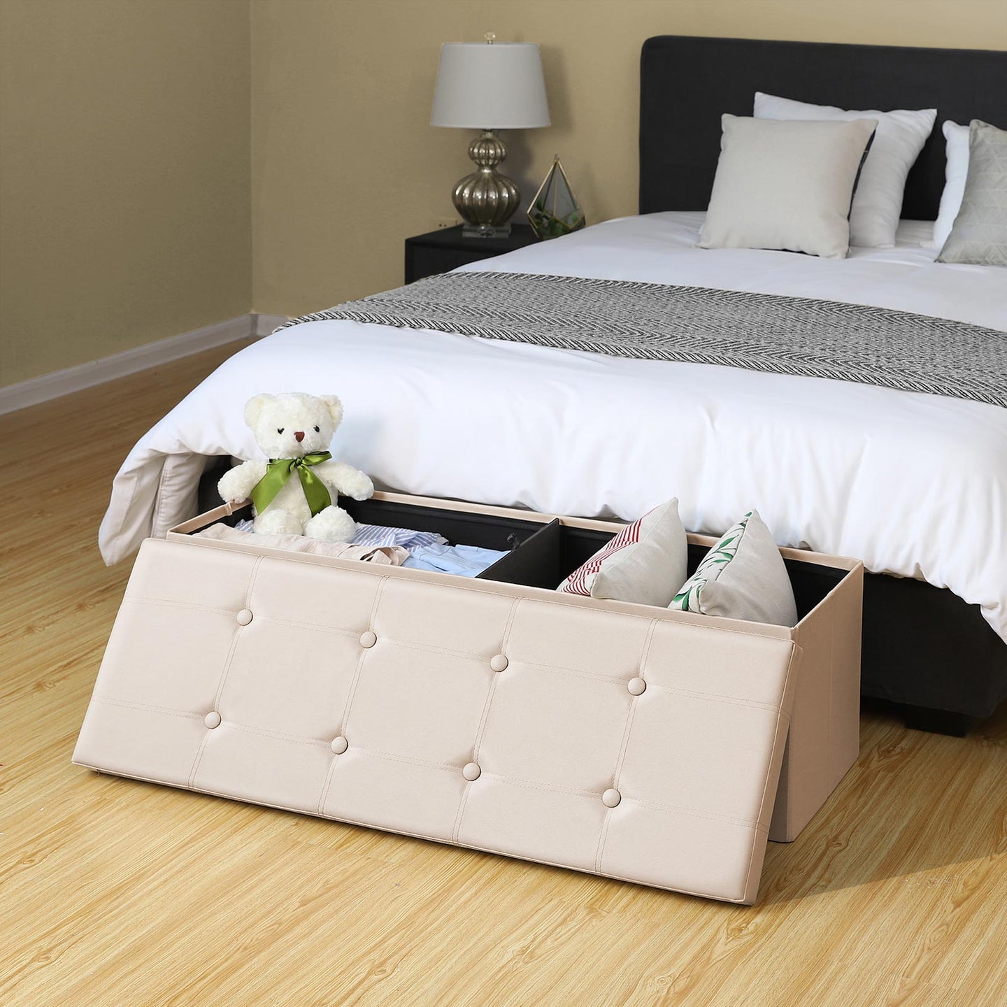 Large Faux Leather Ottoman - Max Load 300 kg - Beige - Storage Toy Chest