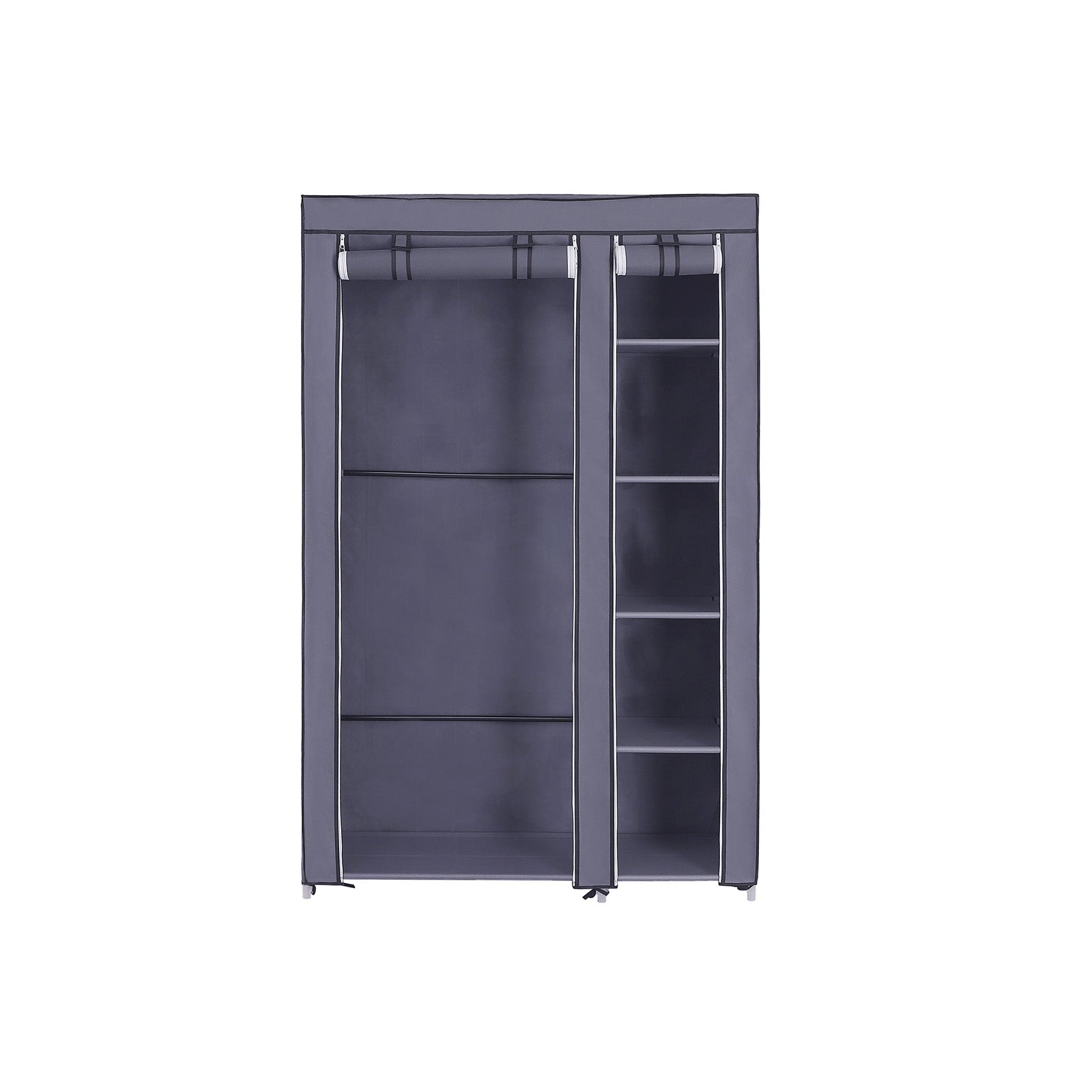 Portable Clothes Closet - Canvas - Grey - Double Wardrobe with 6 Shelves and Hanging Rail