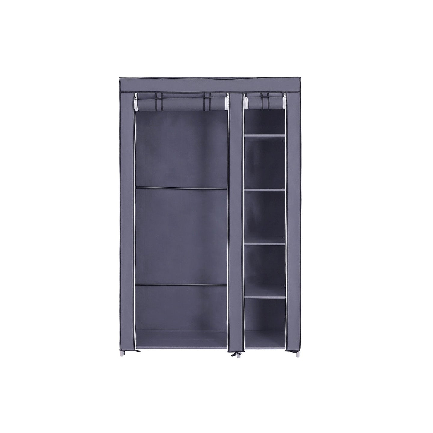 Portable Clothes Closet - Canvas - Grey - Double Wardrobe with 6 Shelves and Hanging Rail