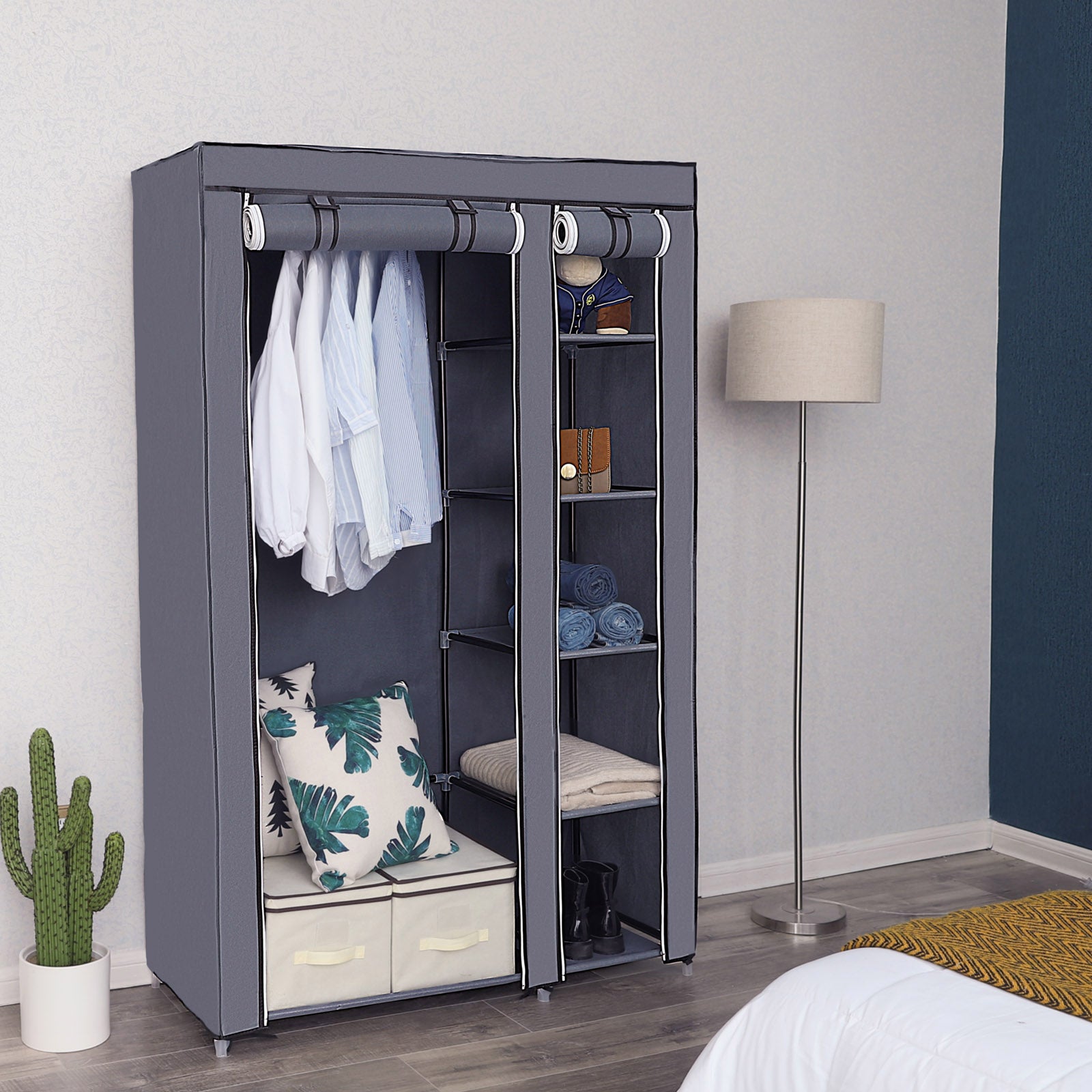 Portable Clothes Closet - Canvas - Grey - Double Wardrobe with 6 Shelves and Hanging Rail