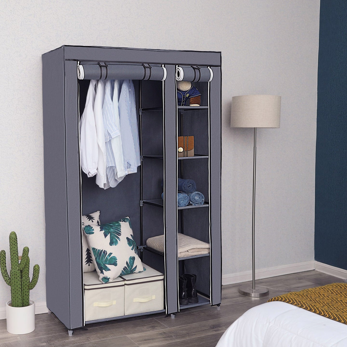 Portable Clothes Closet - Canvas - Grey - Double Wardrobe with 6 Shelves and Hanging Rail
