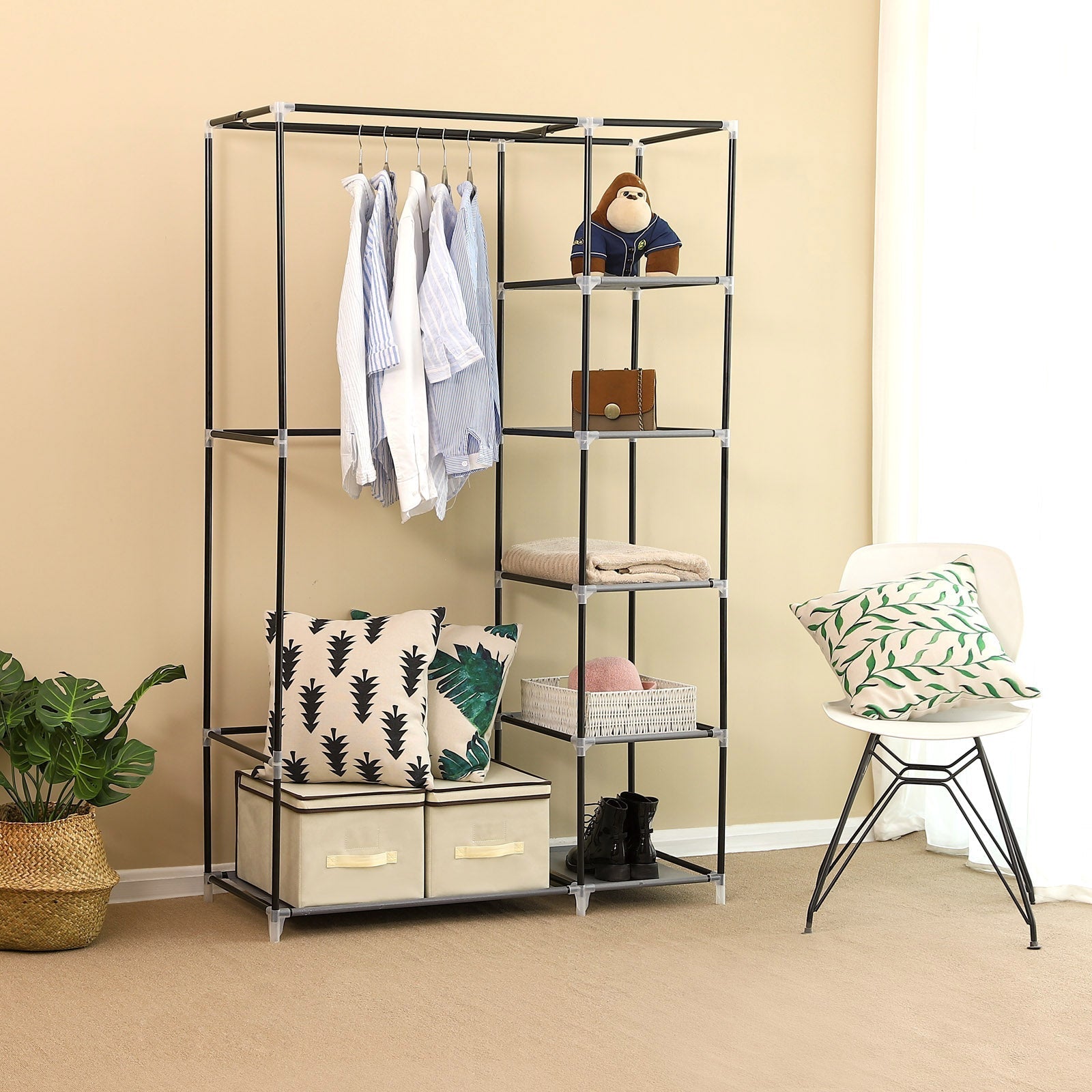 Portable Clothes Closet - Canvas - Grey - Double Wardrobe with 6 Shelves and Hanging Rail