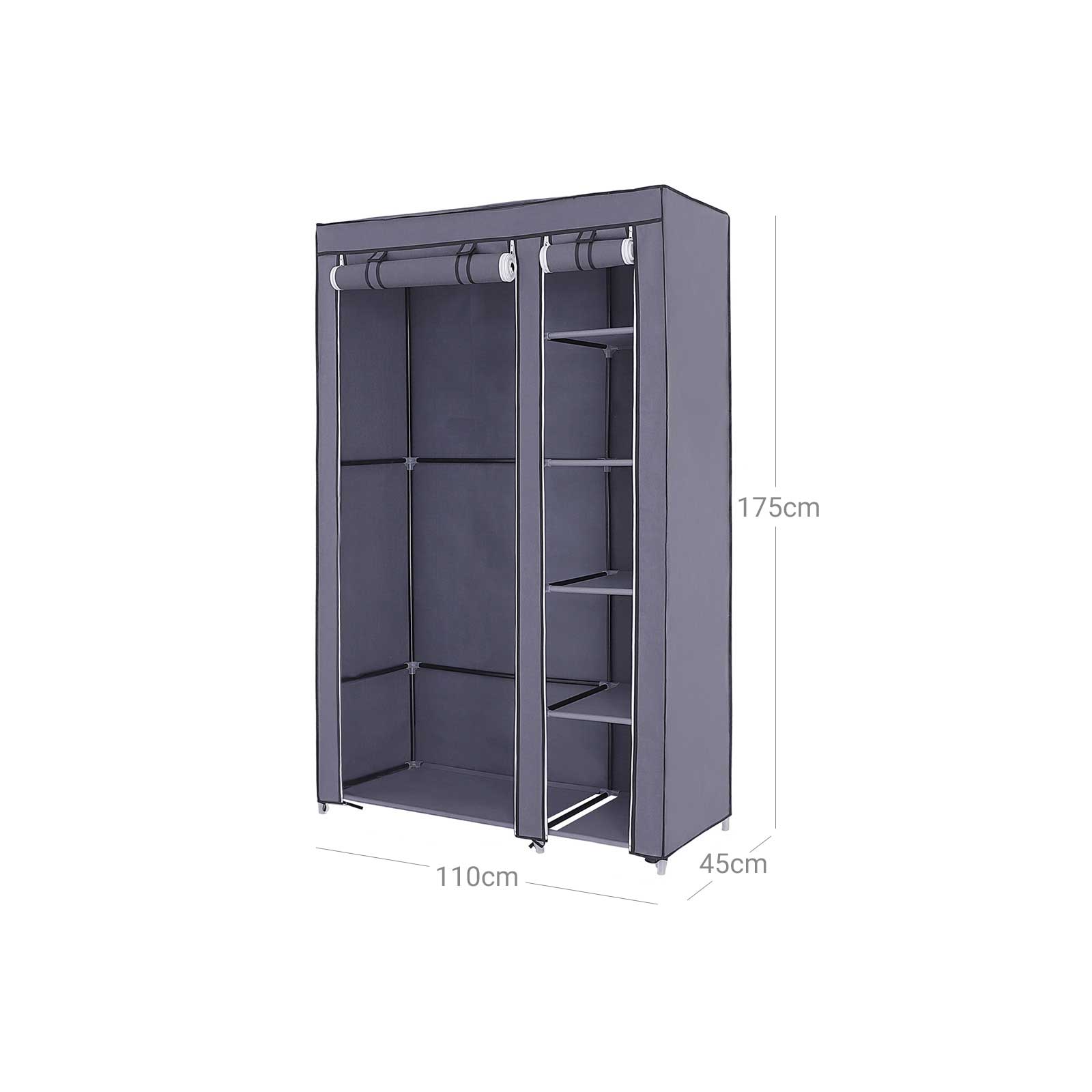 Portable Clothes Closet - Canvas - Grey - Double Wardrobe with 6 Shelves and Hanging Rail