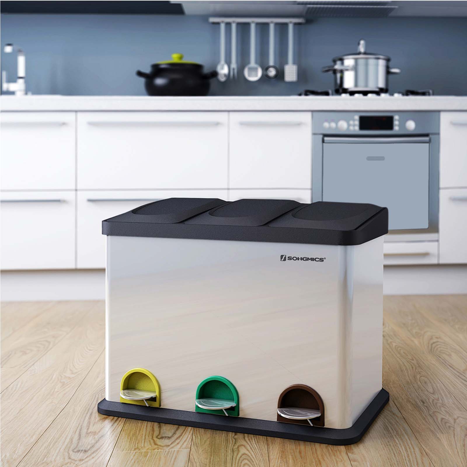 Recycling Bin - Stainless Steel - Silver - 45 Litre Waste Separation System with Three Detachable Compartments