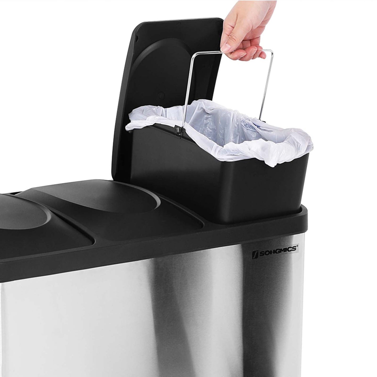 Recycling Bin - Stainless Steel - Silver - 45 Litre Waste Separation System with Three Detachable Compartments