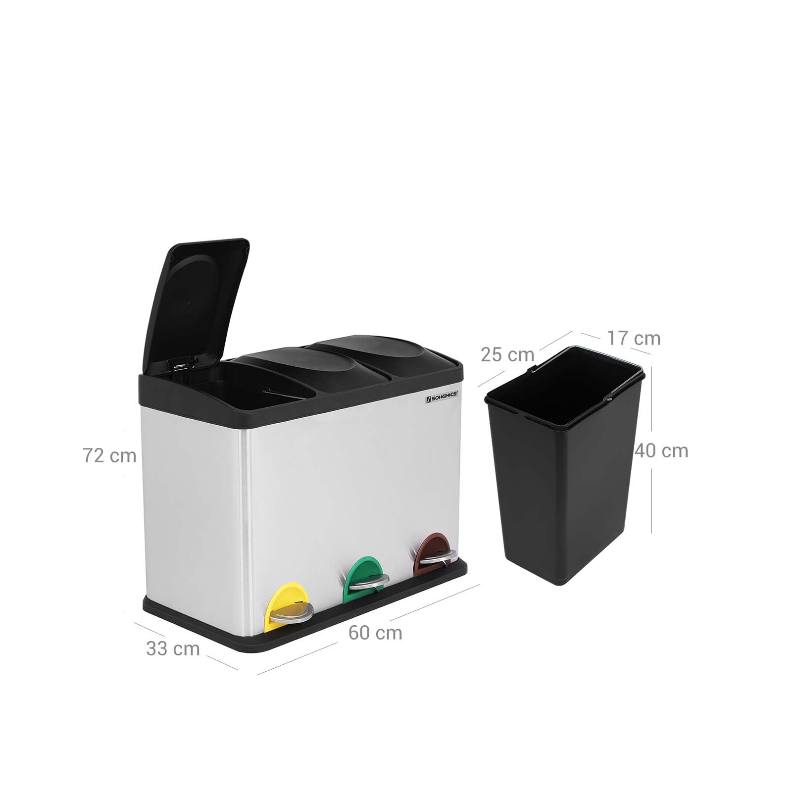 Recycling Bin - Stainless Steel - Silver - 45 Litre Waste Separation System with Three Detachable Compartments