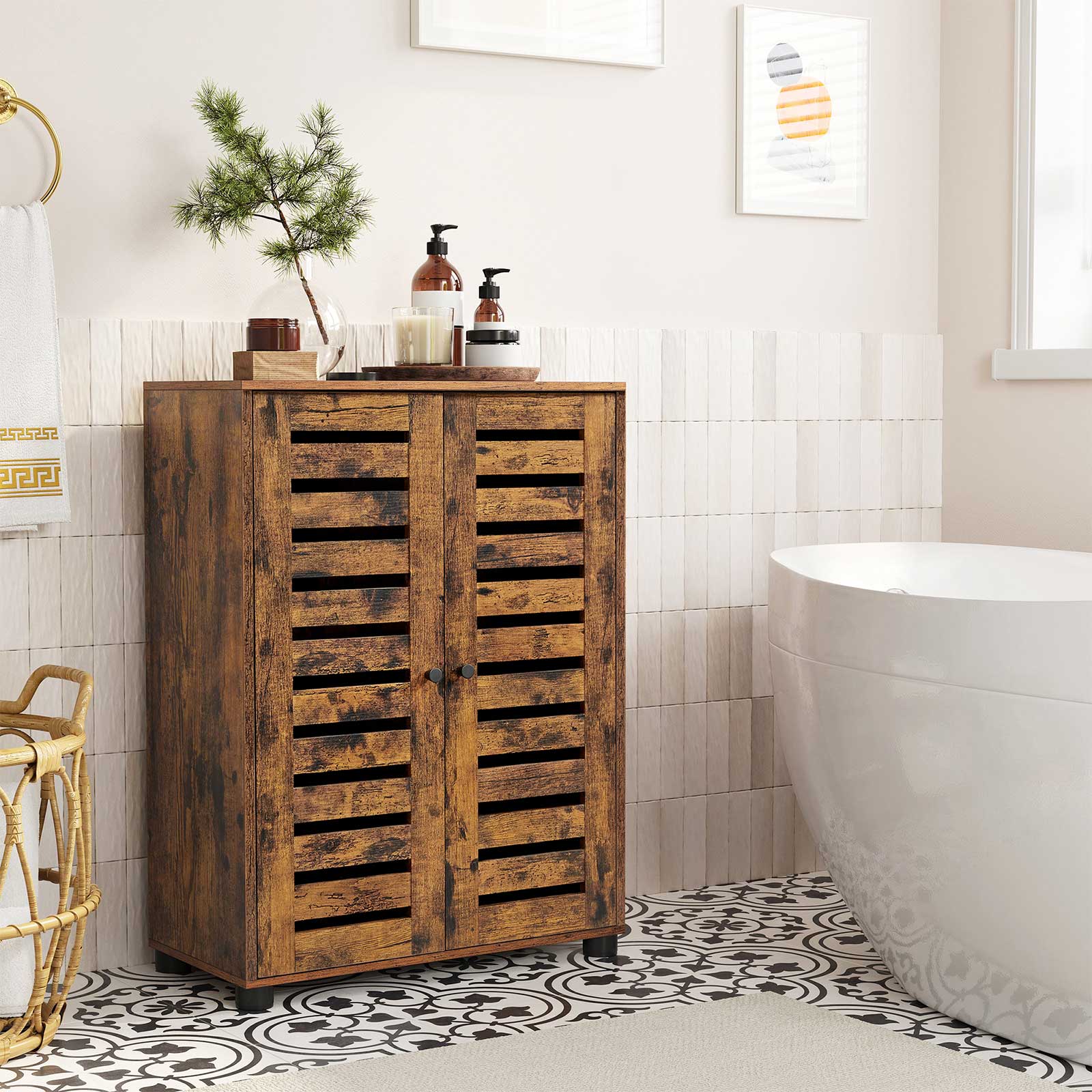 Bathroom Floor Cabinet - Wood - Rustic Brown - Multipurpose with Adjustable Shelf and Louvred Doors