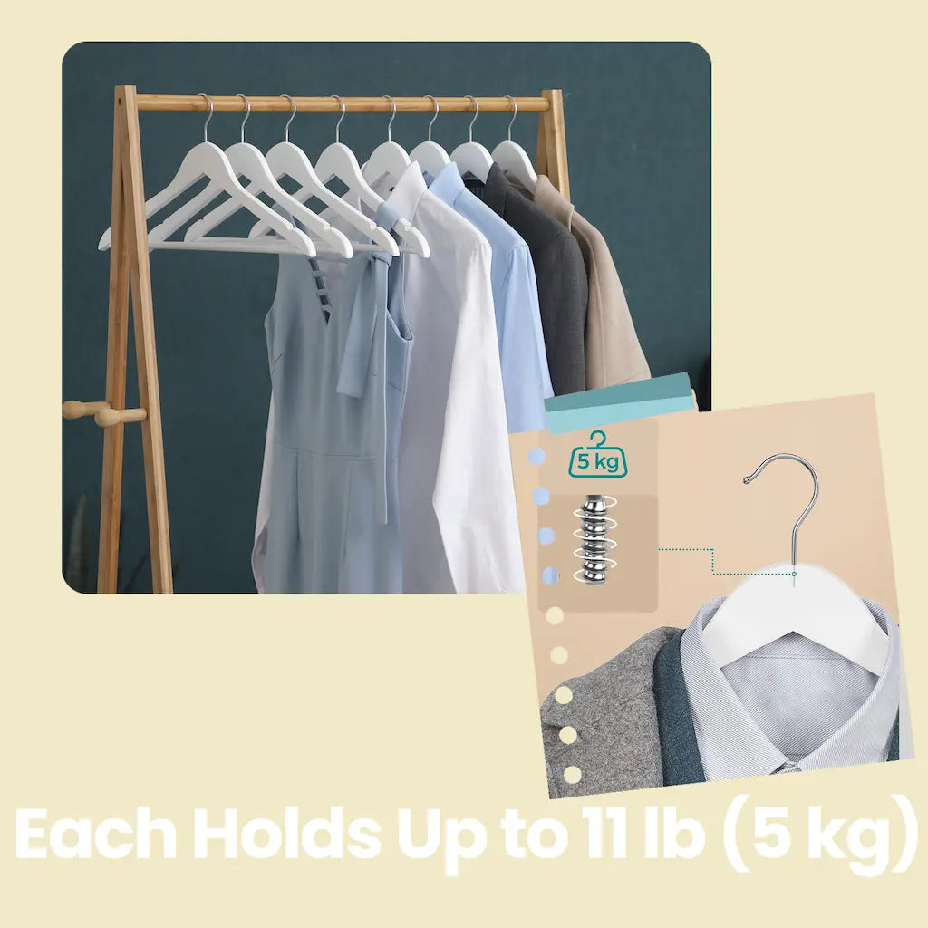 Coat Hangers - Wood - White and Silver - Set of 20 with Shoulder Notches and Anti-Slip Trousers Bar