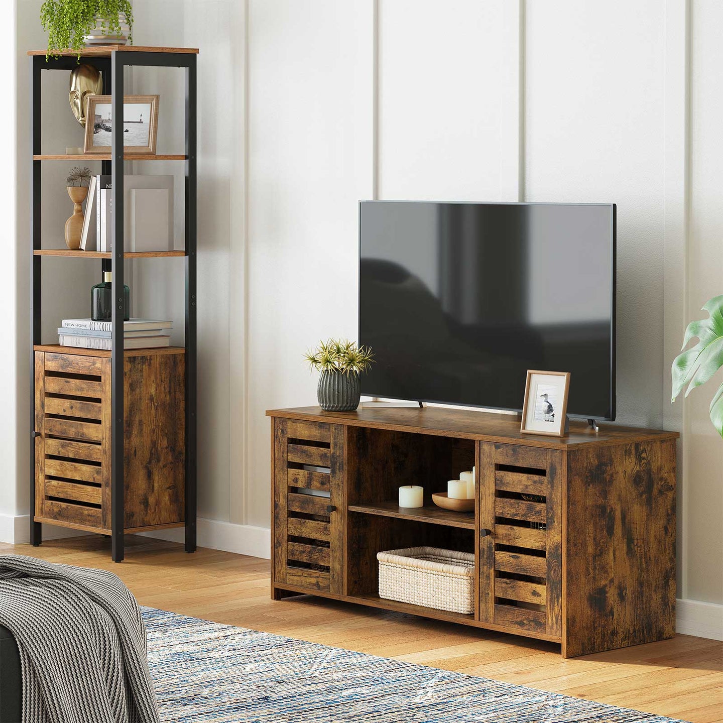 TV Cabinet - Engineered Wood - Rustic Brown - Adjustable Shelves with Cable Management