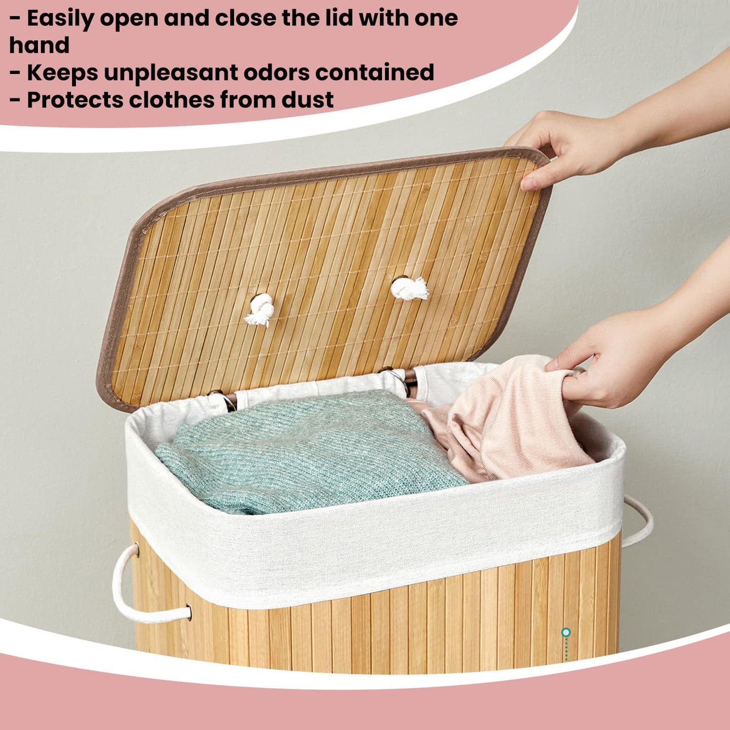 Foldable Laundry Hamper - Bamboo - Natural - 72 L Capacity with Lid and 3 Handles