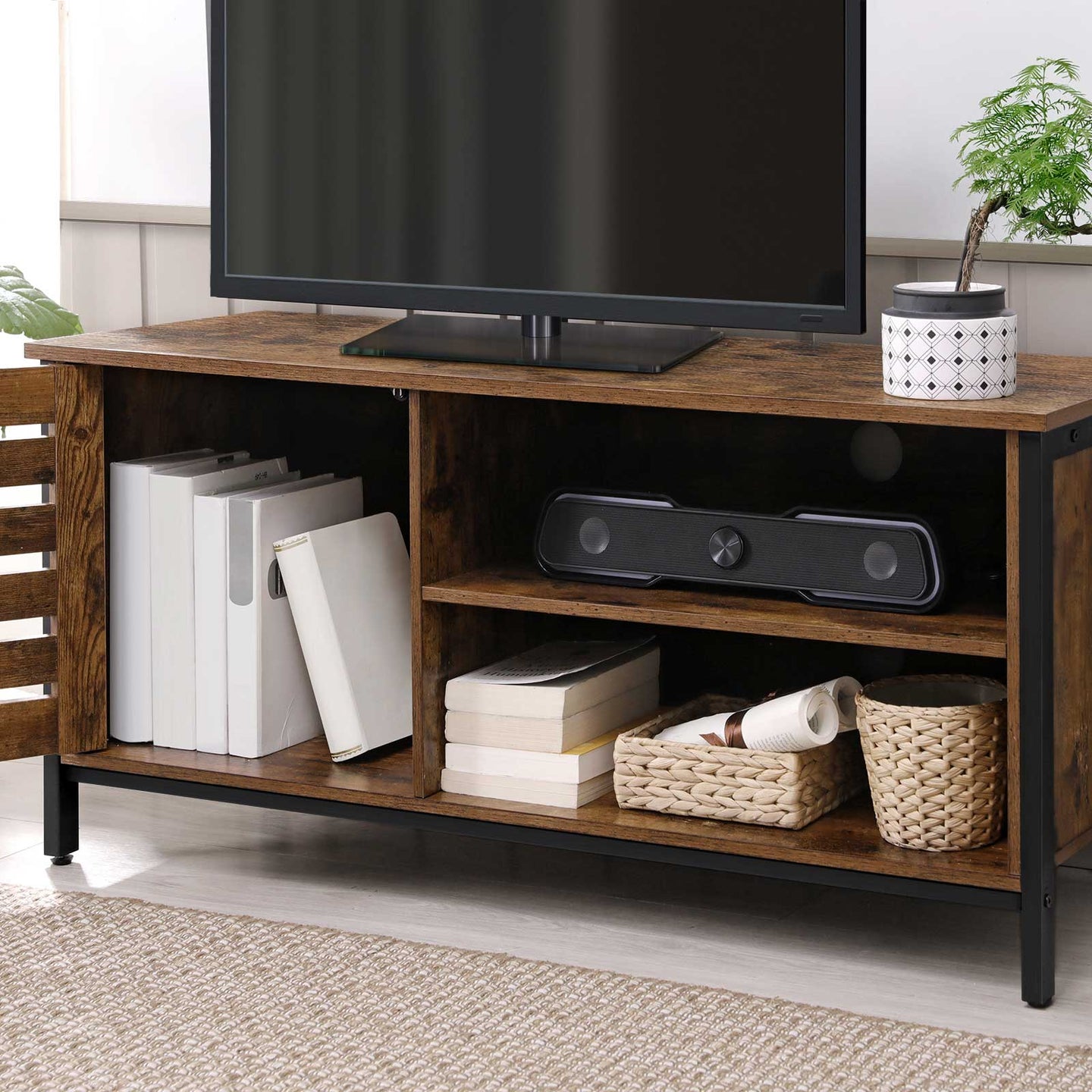 TV Cabinet - Wood - Rustic Brown and Black - Louvred Door with 2 Shelves