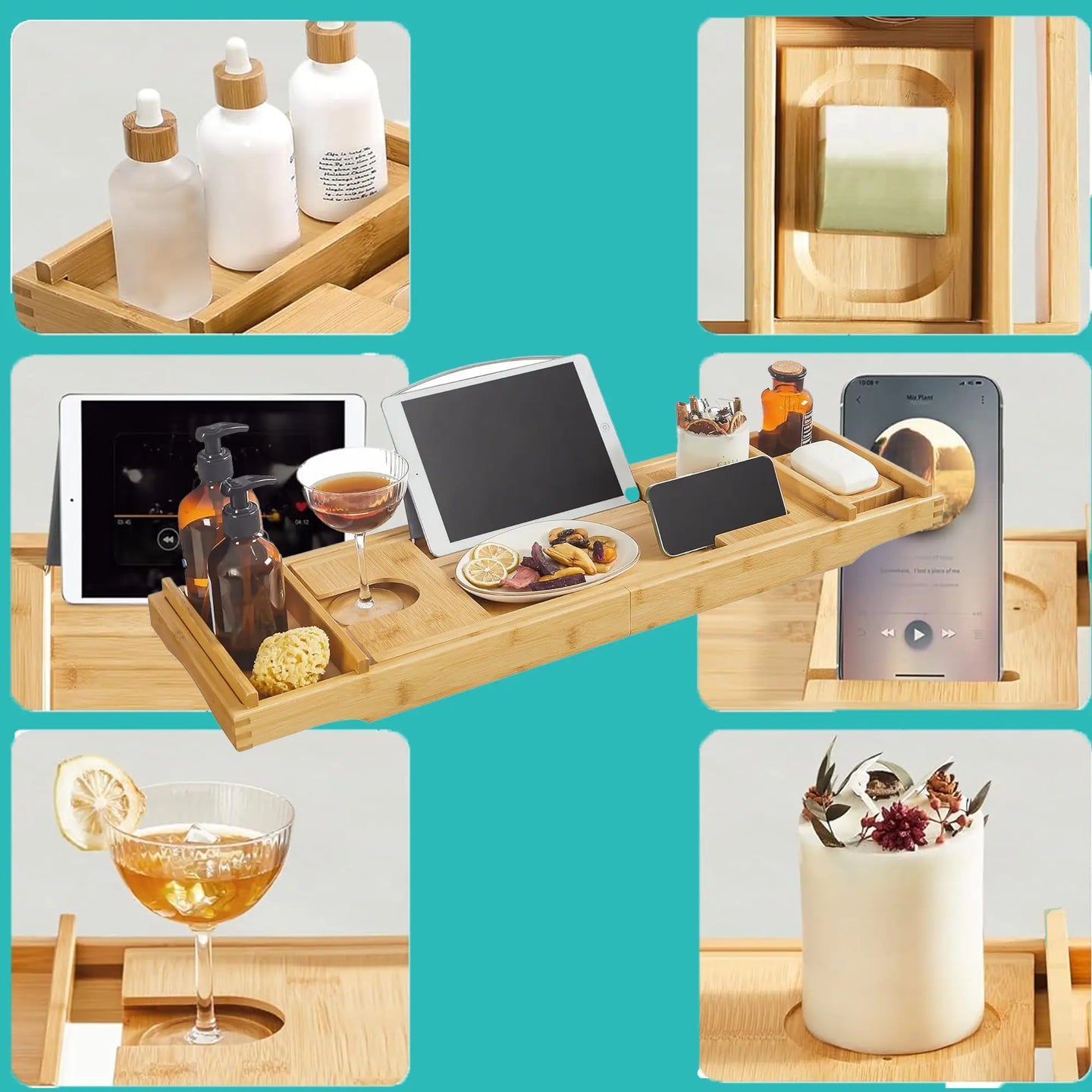 Extendable Bath Shelf - Bamboo - Natural - Includes Drink Holder