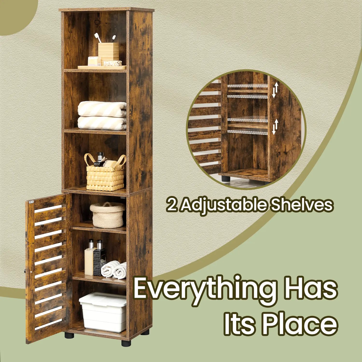 Tall Bathroom Storage Cabinet - Engineered Wood - Rustic Brown - Freestanding with Open and Adjustable Shelves