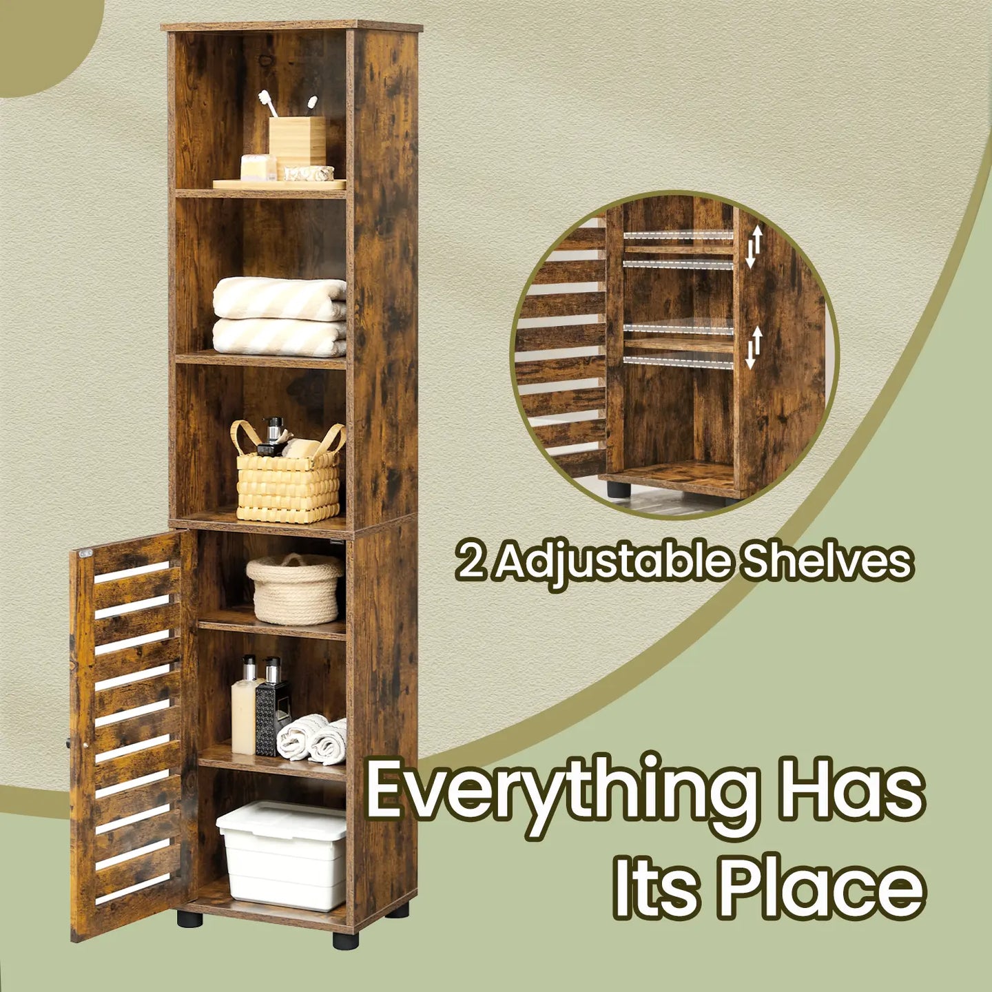 Tall Bathroom Storage Cabinet - Engineered Wood - Rustic Brown - Freestanding with Open and Adjustable Shelves