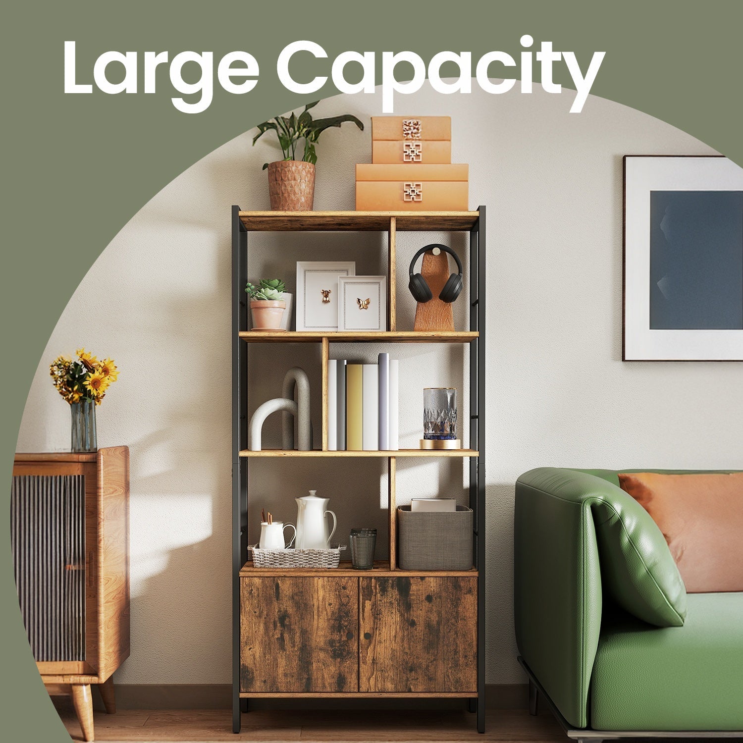 Large Bookcase - Wood - Camel Brown - With Doors and Tall Legs