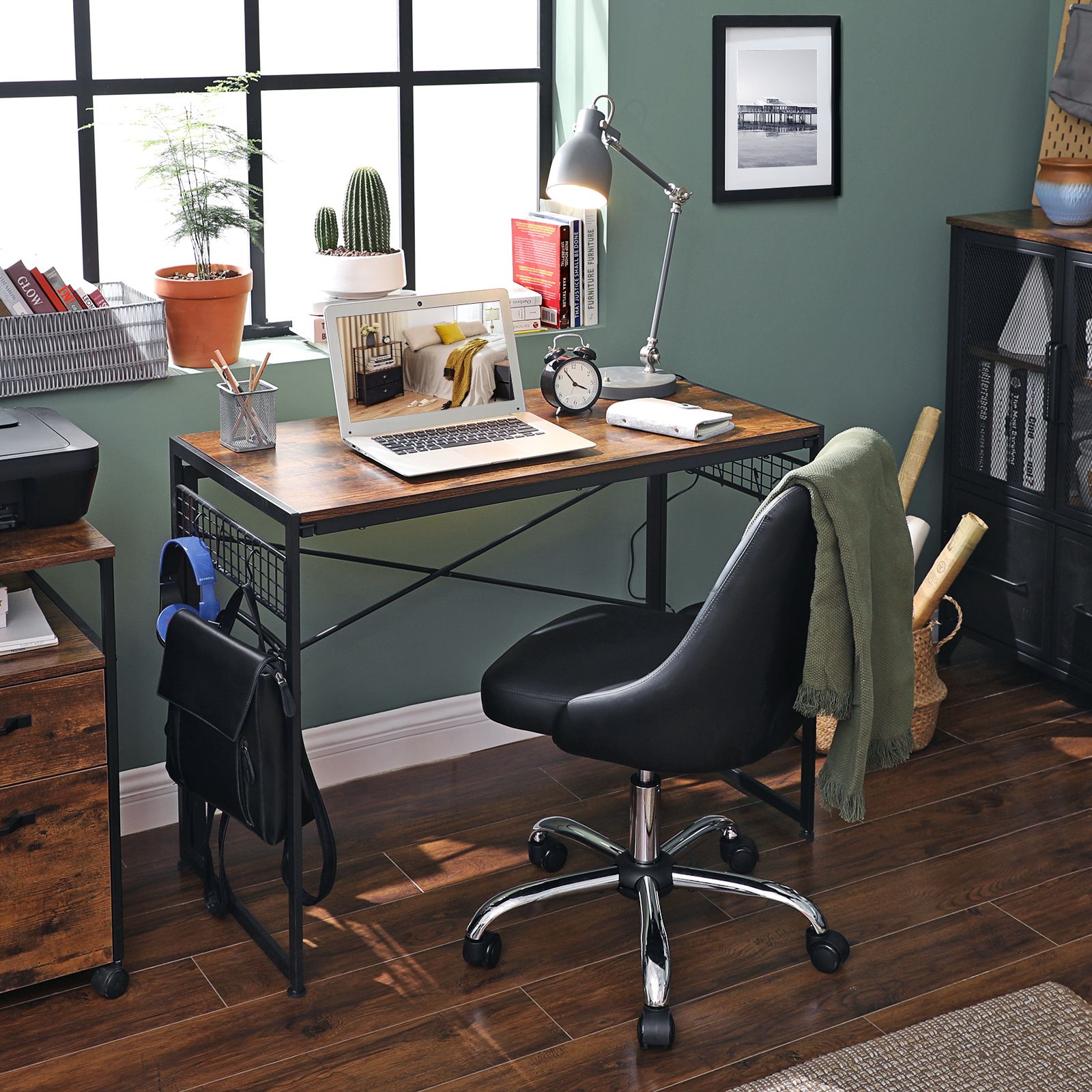 Folding Writing Desk - Wood - Rustic Brown and Black - 8 Hooks