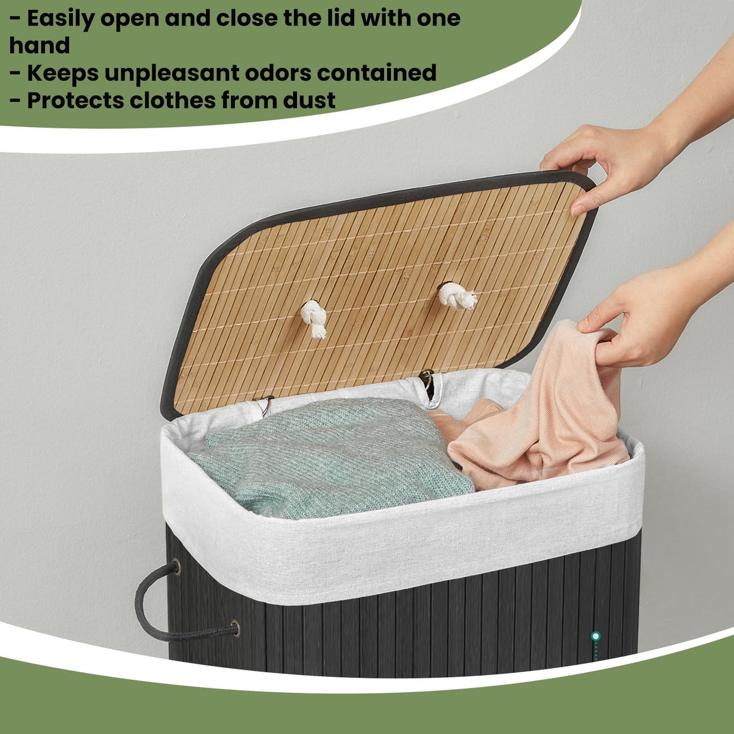 Foldable Laundry Hamper - Bamboo - Natural - 72 L Capacity with Lid and 3 Handles