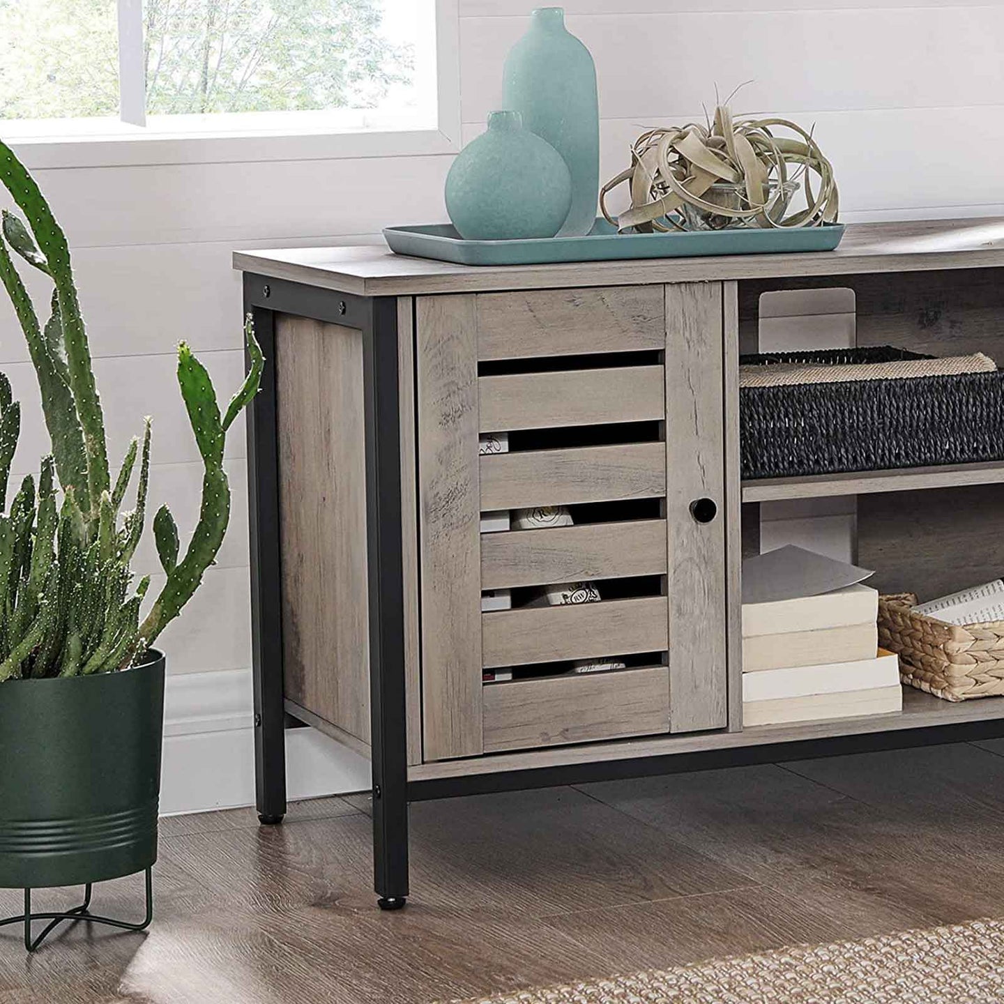 TV Console Unit - Wood - Rustic Brown - Louvered Doors