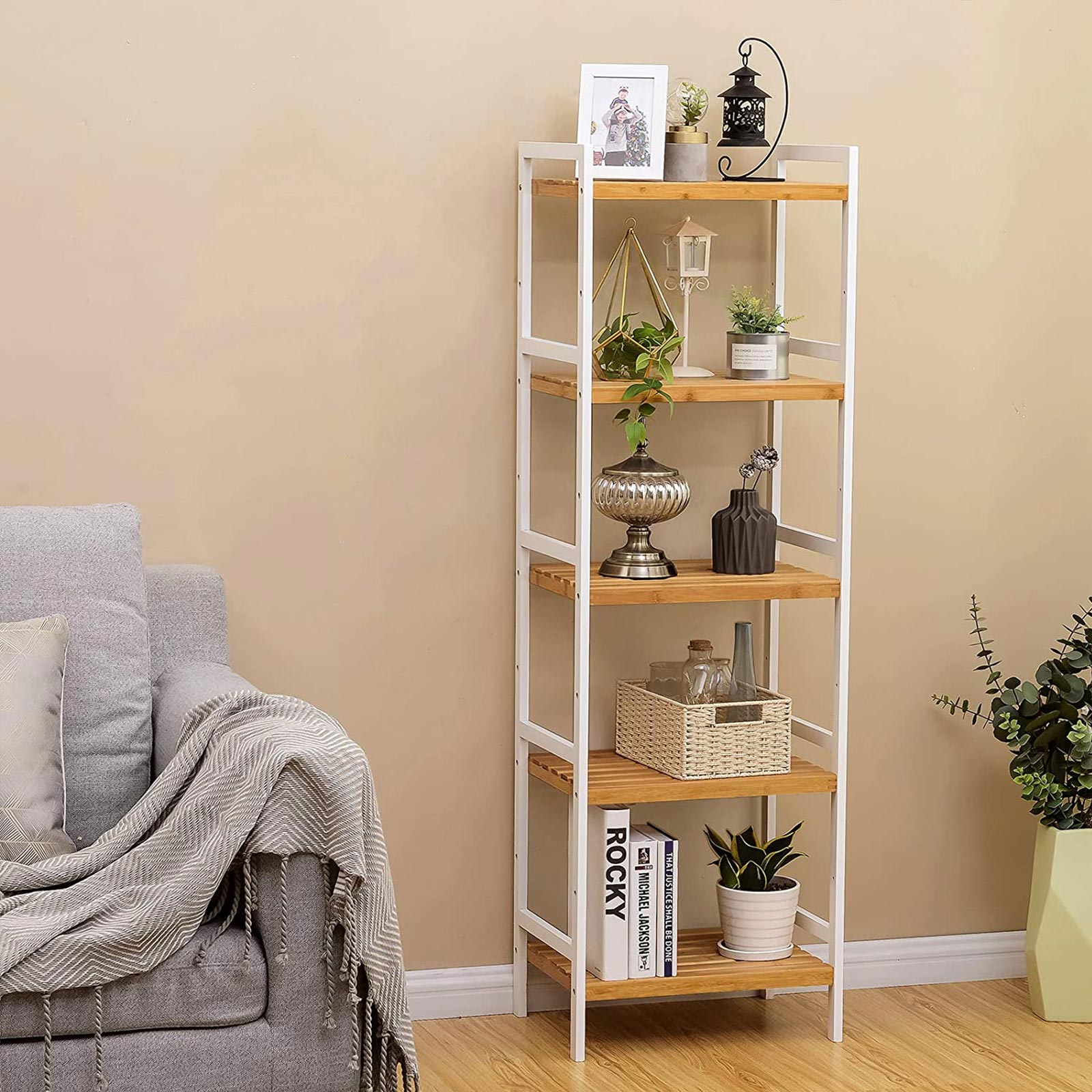 Bathroom Shelf - 5-Tier Design - Bamboo - Natural White