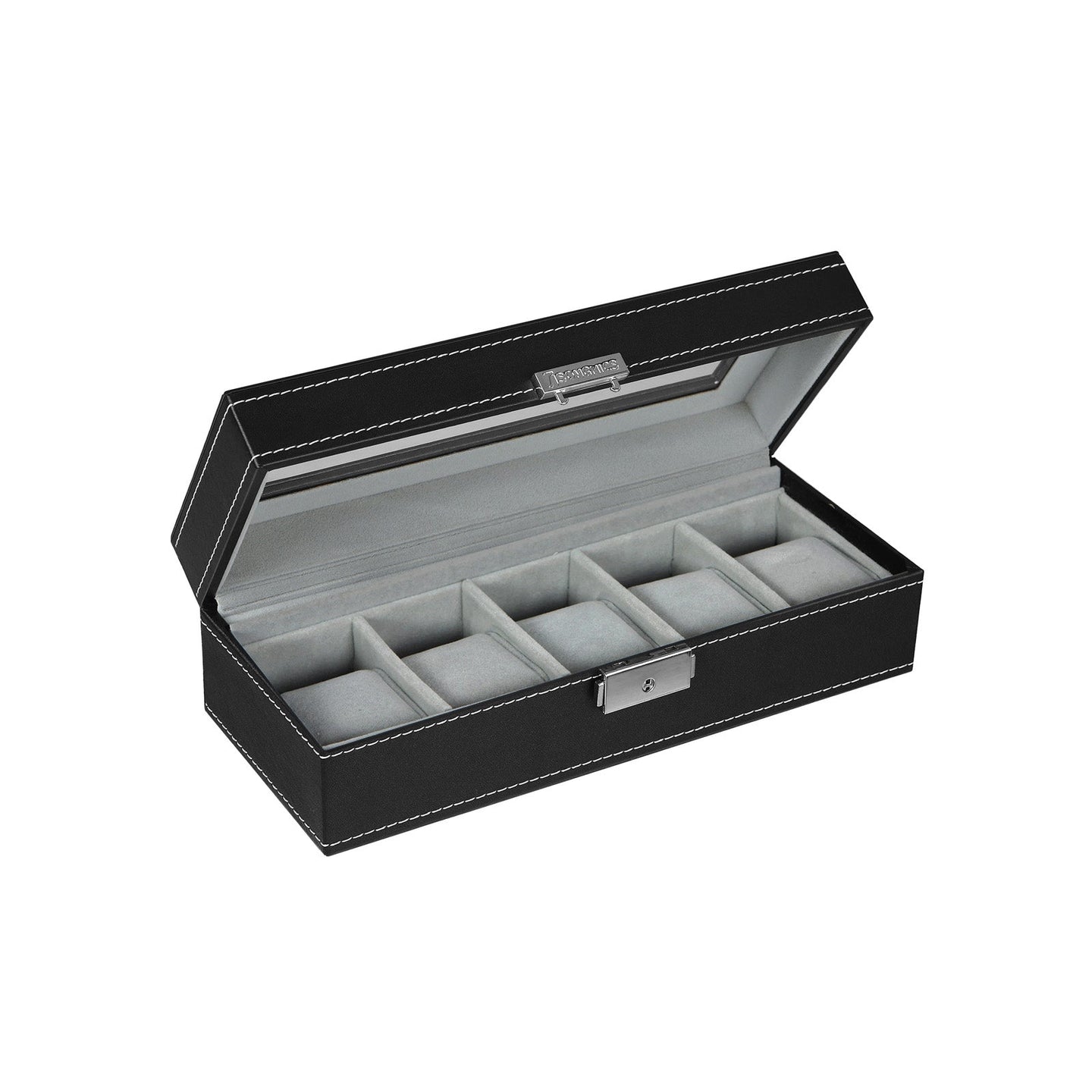 Watch Display Box - Lockable with 5 Slots - Glass - Black