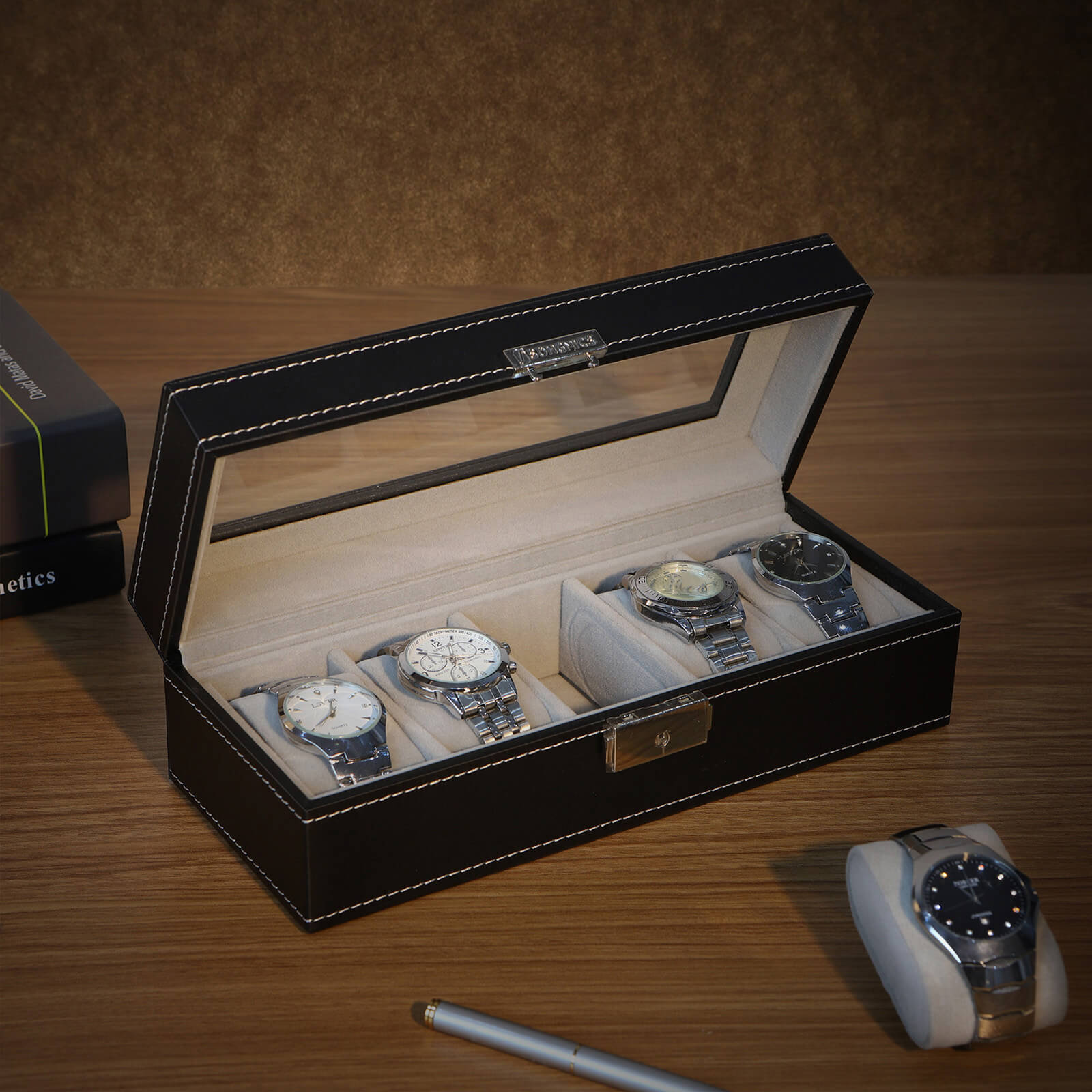Watch Display Box - Lockable with 5 Slots - Glass - Black
