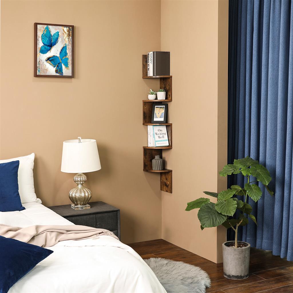 5 Tier Floating Corner Shelf - Wood - White - Zigzag Design