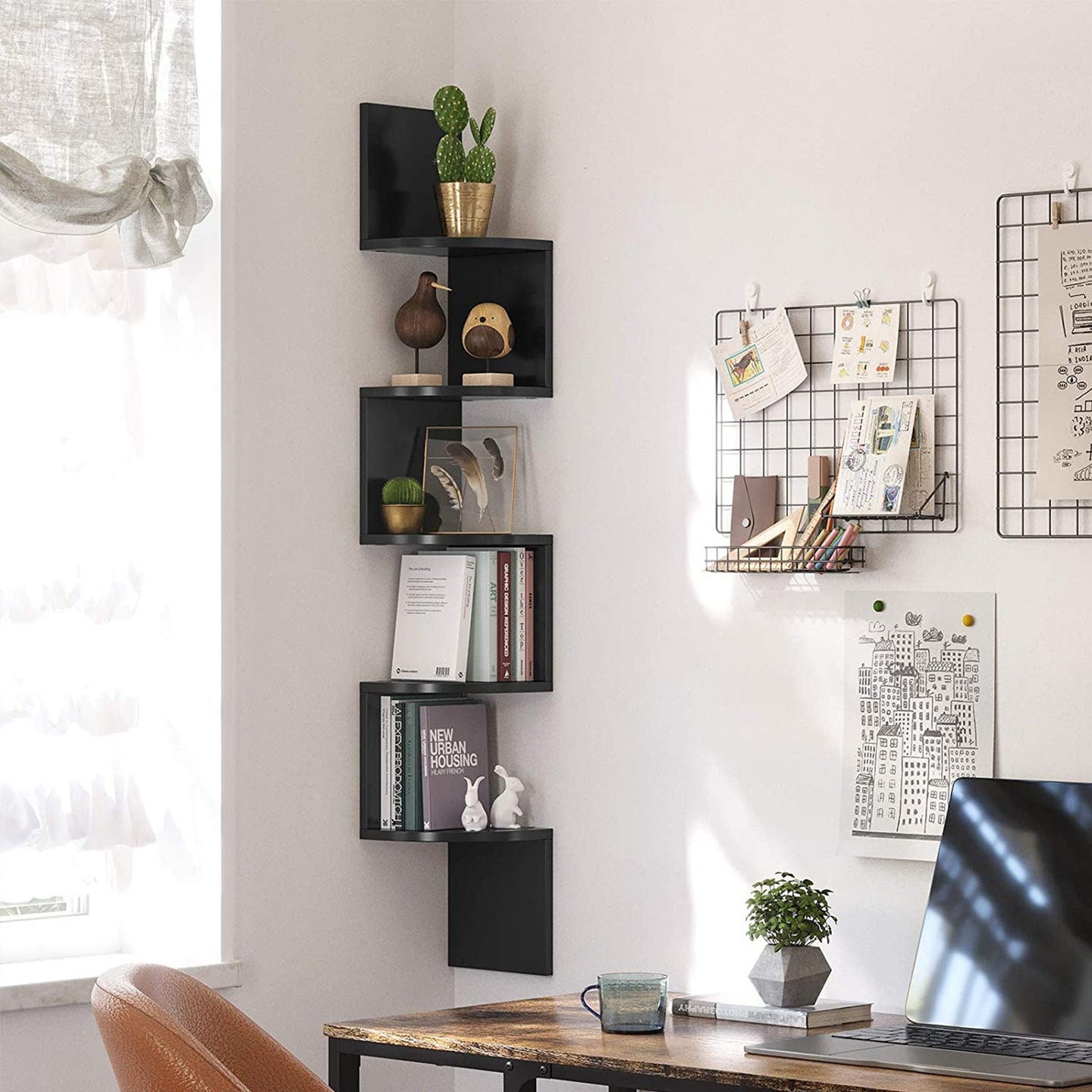 5-Tier Floating Wall Shelf - Wood - White - Zigzag Design