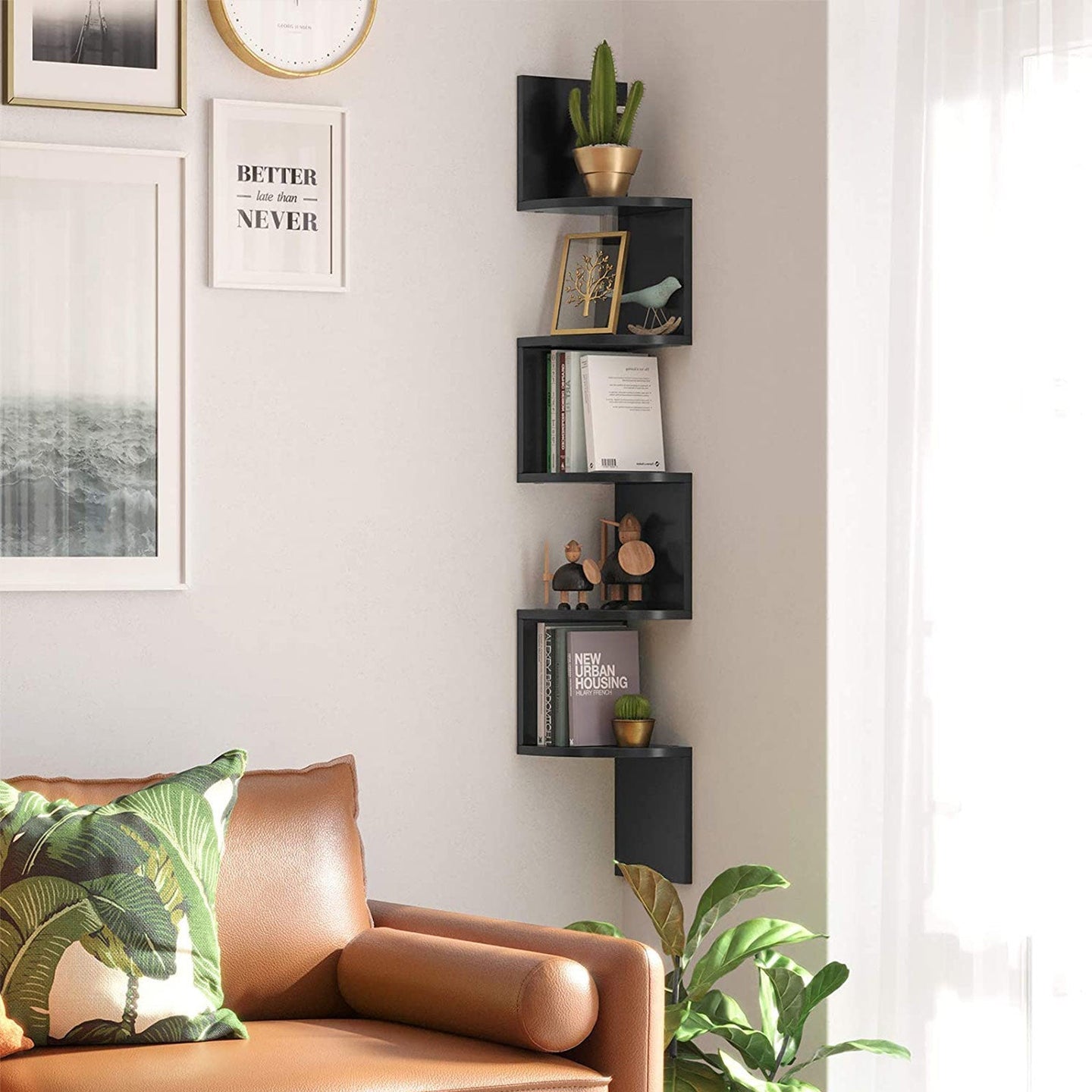 5-Tier Floating Wall Shelf - Wood - White - Zigzag Design