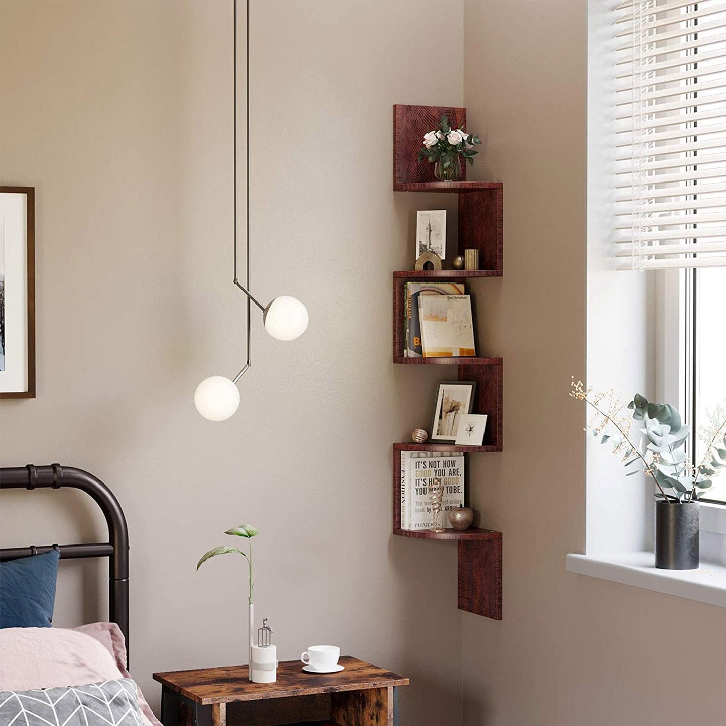5-Tier Floating Wall Shelf - Wood - White - Zigzag Design