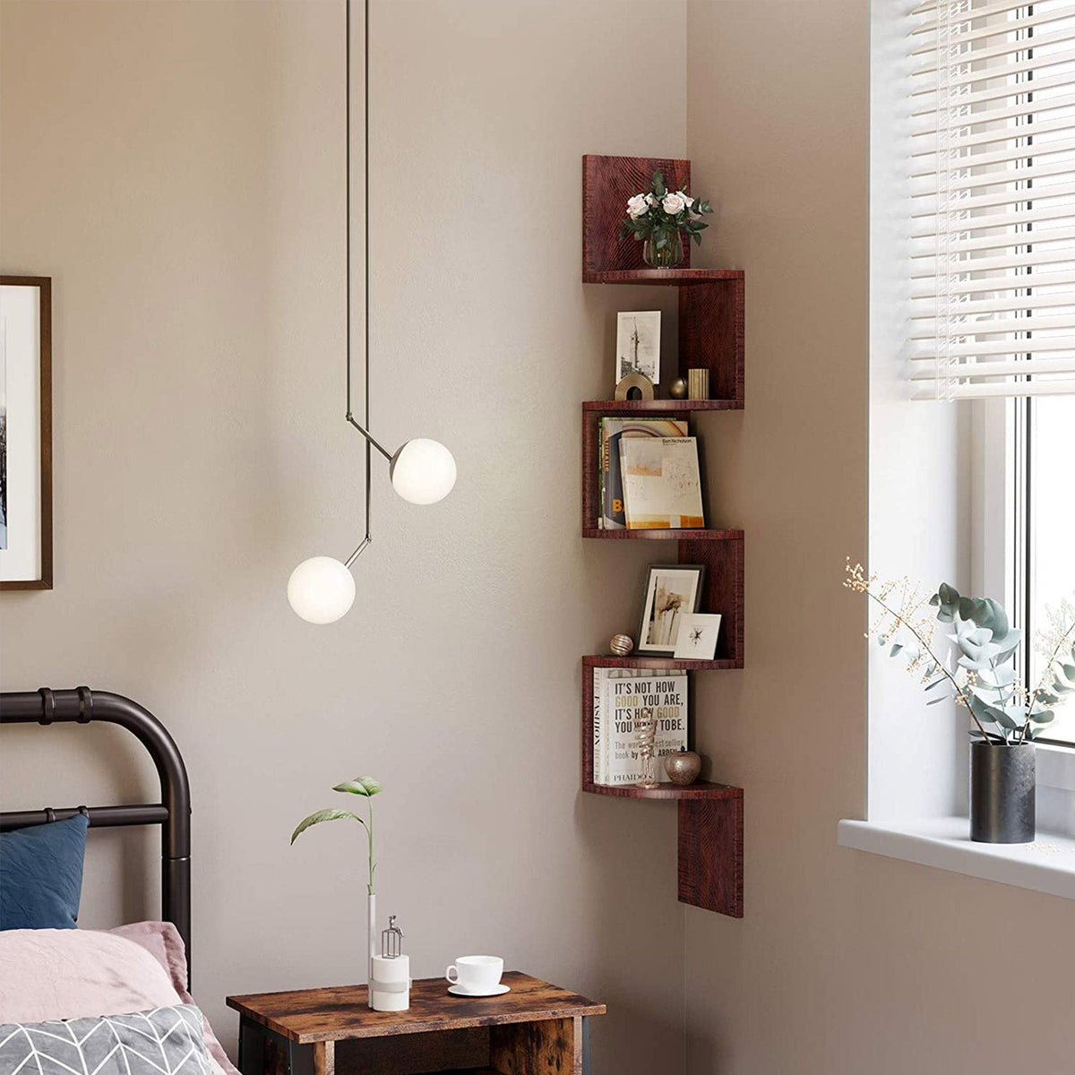 5-Tier Floating Wall Shelf - Wood - White - Zigzag Design