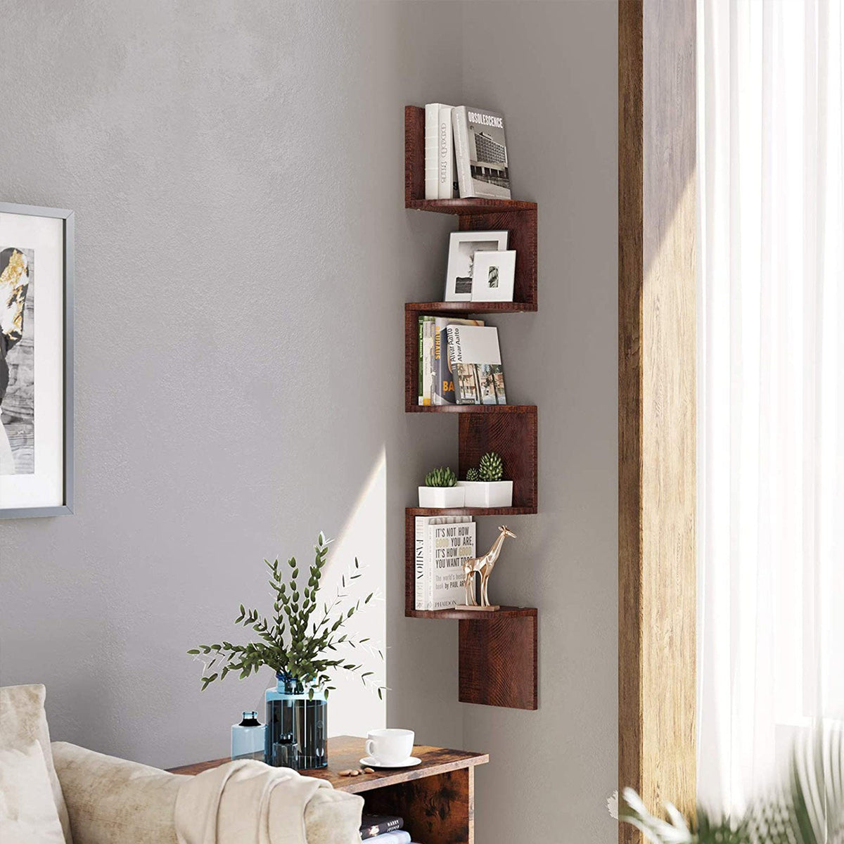 5-Tier Floating Wall Shelf - Wood - White - Zigzag Design