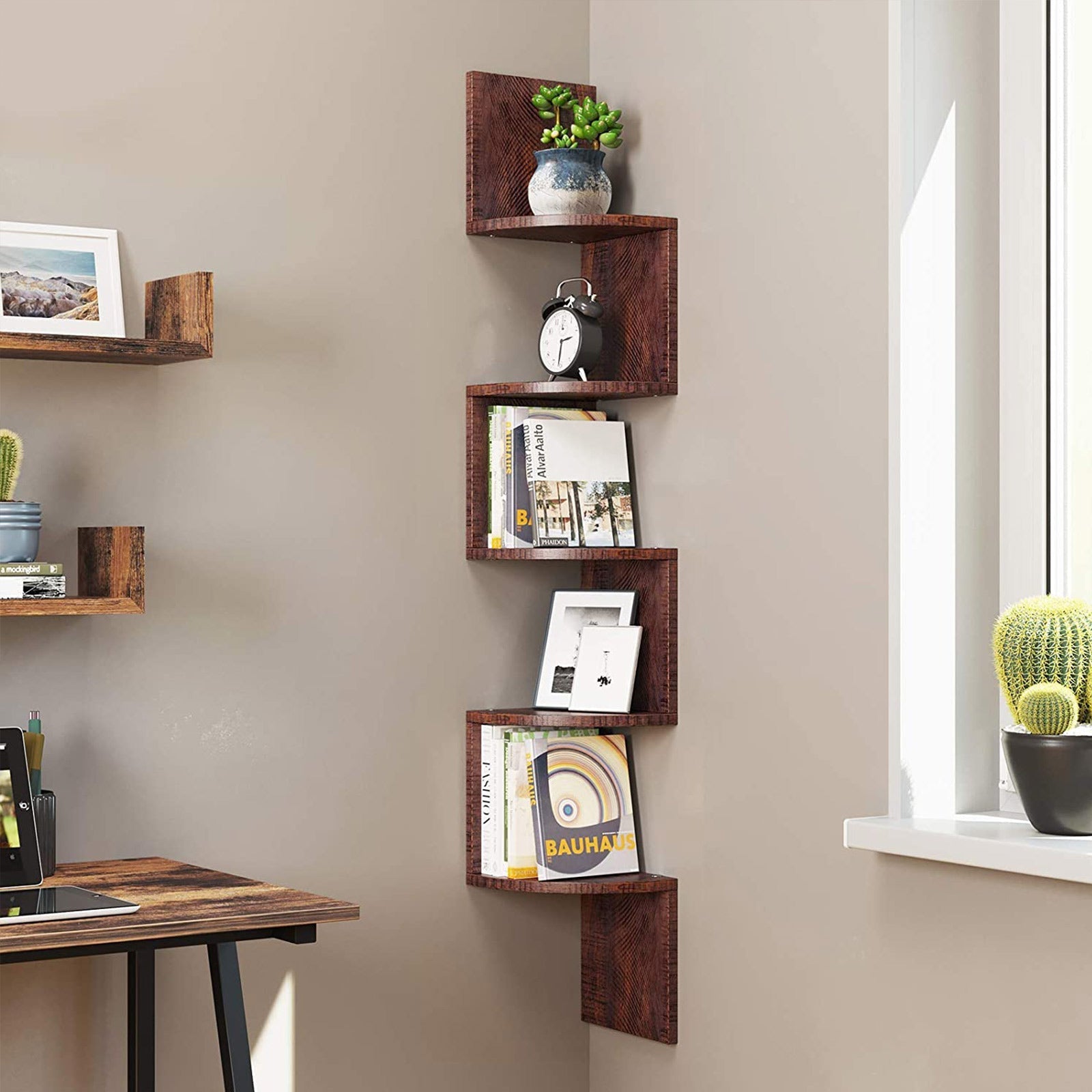 5-Tier Floating Wall Shelf - Wood - White - Zigzag Design