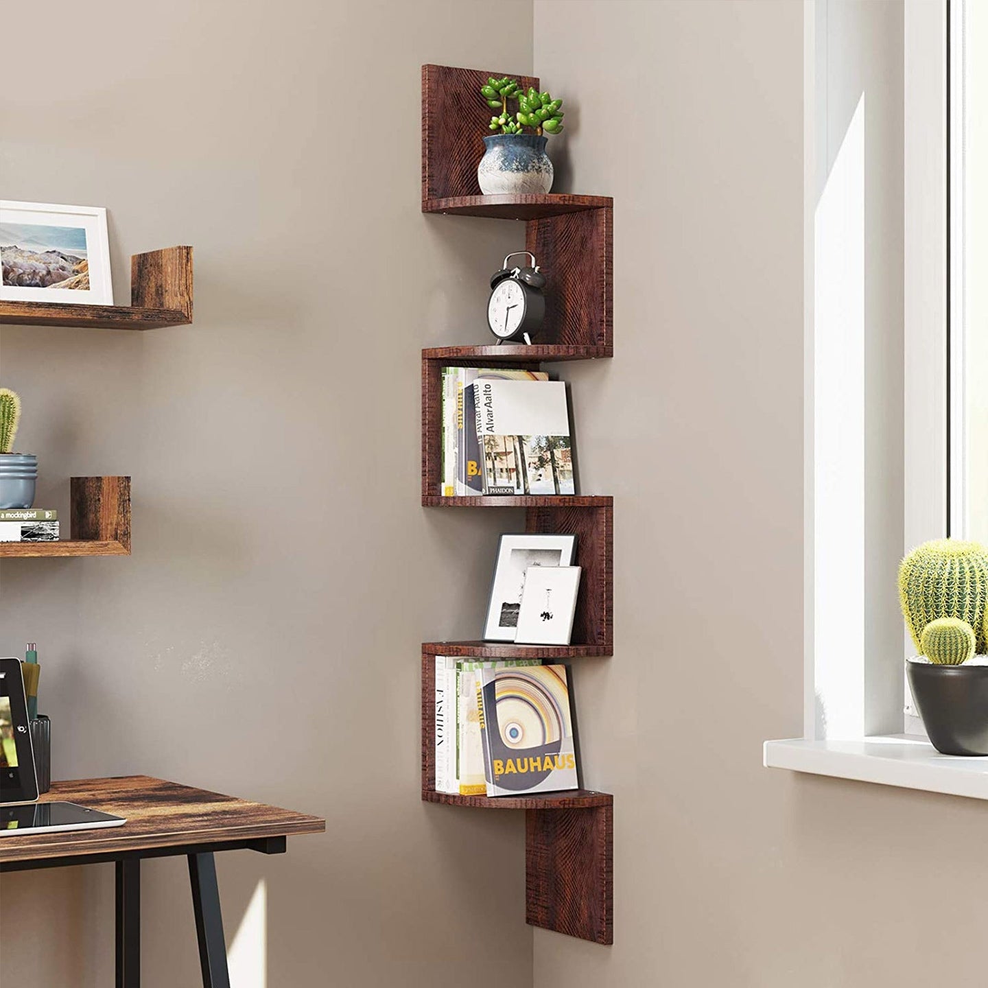 5-Tier Floating Wall Shelf - Wood - White - Zigzag Design
