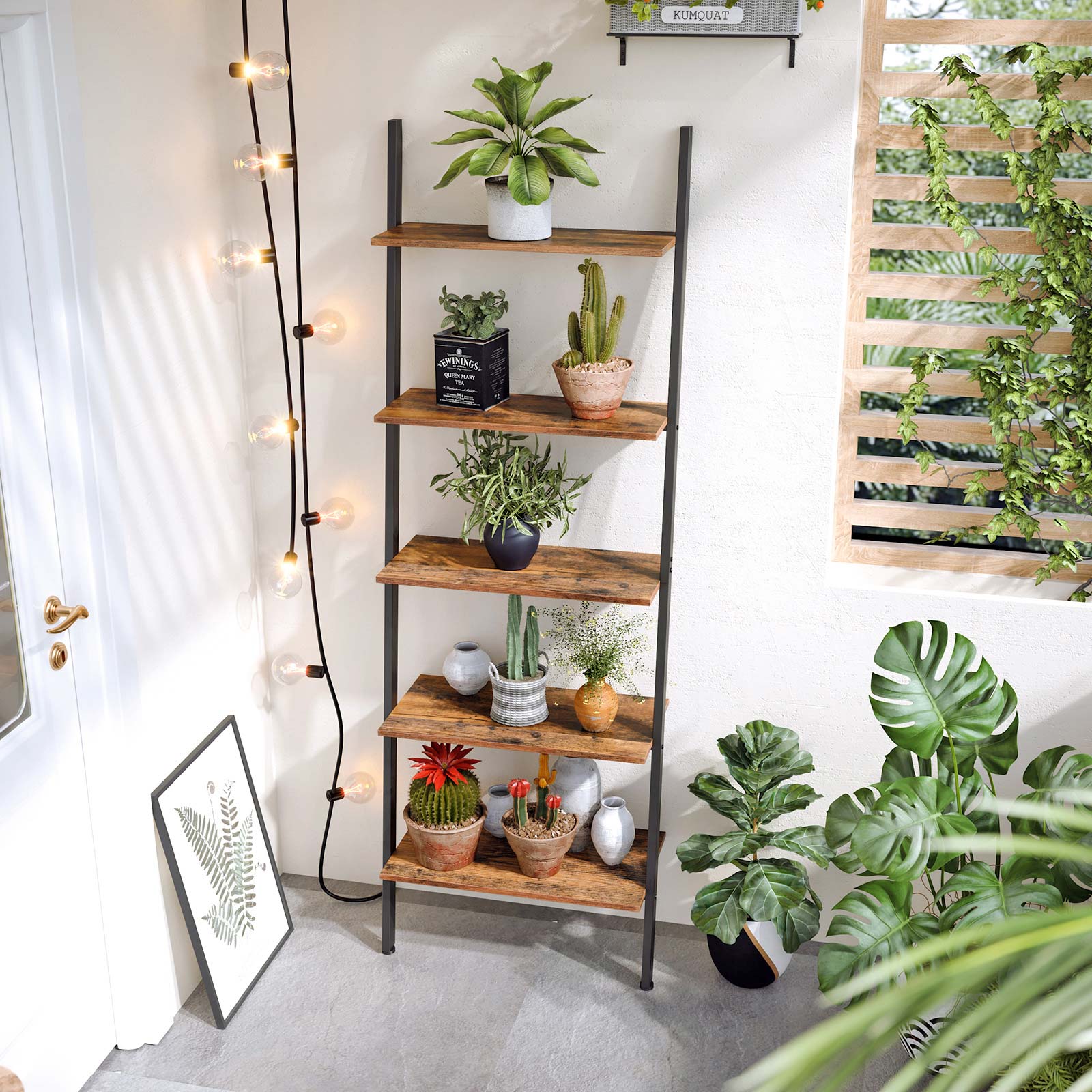 Ladder Bookcase - Iron - Rustic Brown - 5-Tier Design with Wall Support