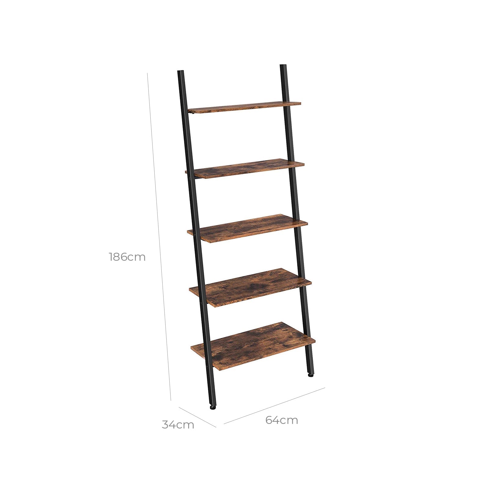 Ladder Bookcase - Iron - Rustic Brown - 5-Tier Design with Wall Support